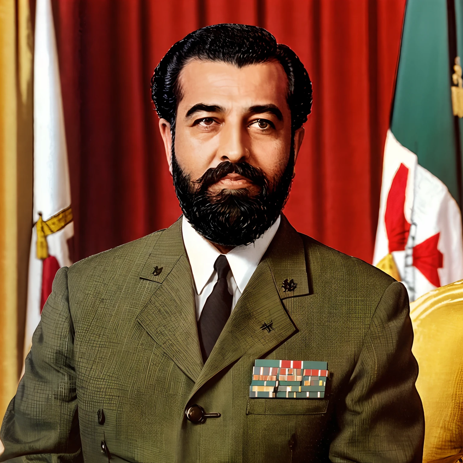 (high quality, realistic:1.37), retro portrait from the 1990s, Arab dictator, middle-aged man, dark skin, with a beard, dressed in green military uniform, during an official event in palace.