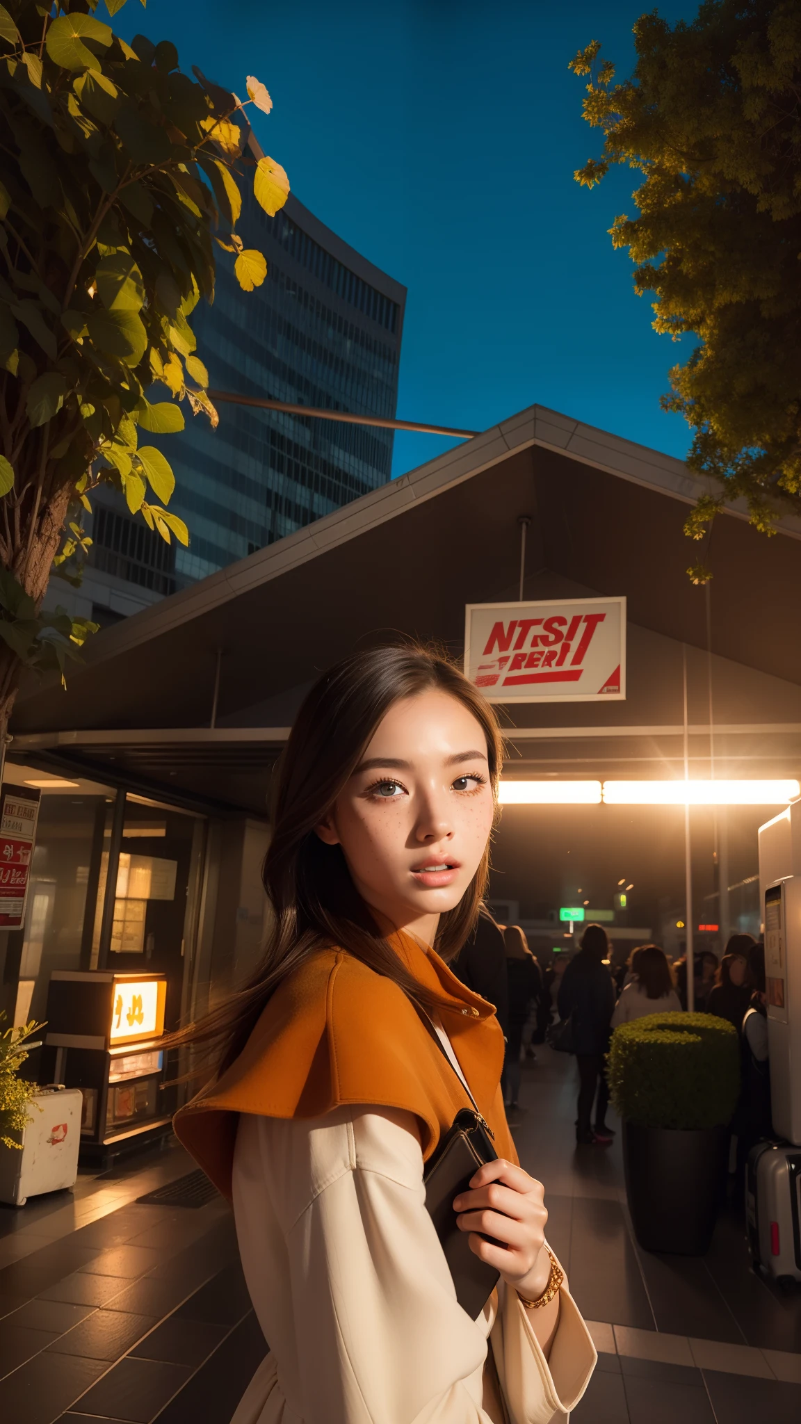 there is a young women, have a tanned skin and freckles, she is a professional model, she is using beautiful transparant dress, she is posing as a model at shibuya crossing, lens using 35mm f1.2 wide shot, there is sunset and flare, she has blue eyes, she is bring leather suitcase, orange green blue ambience, super realistic, ultra realistic, hyper realistic, warm tones, realistic eyes, realistic face, realistic lips, realistic nose, realistic teeth, realistic hair, realistic lighting, realistic hands, realistic skin texture, perfect exposure