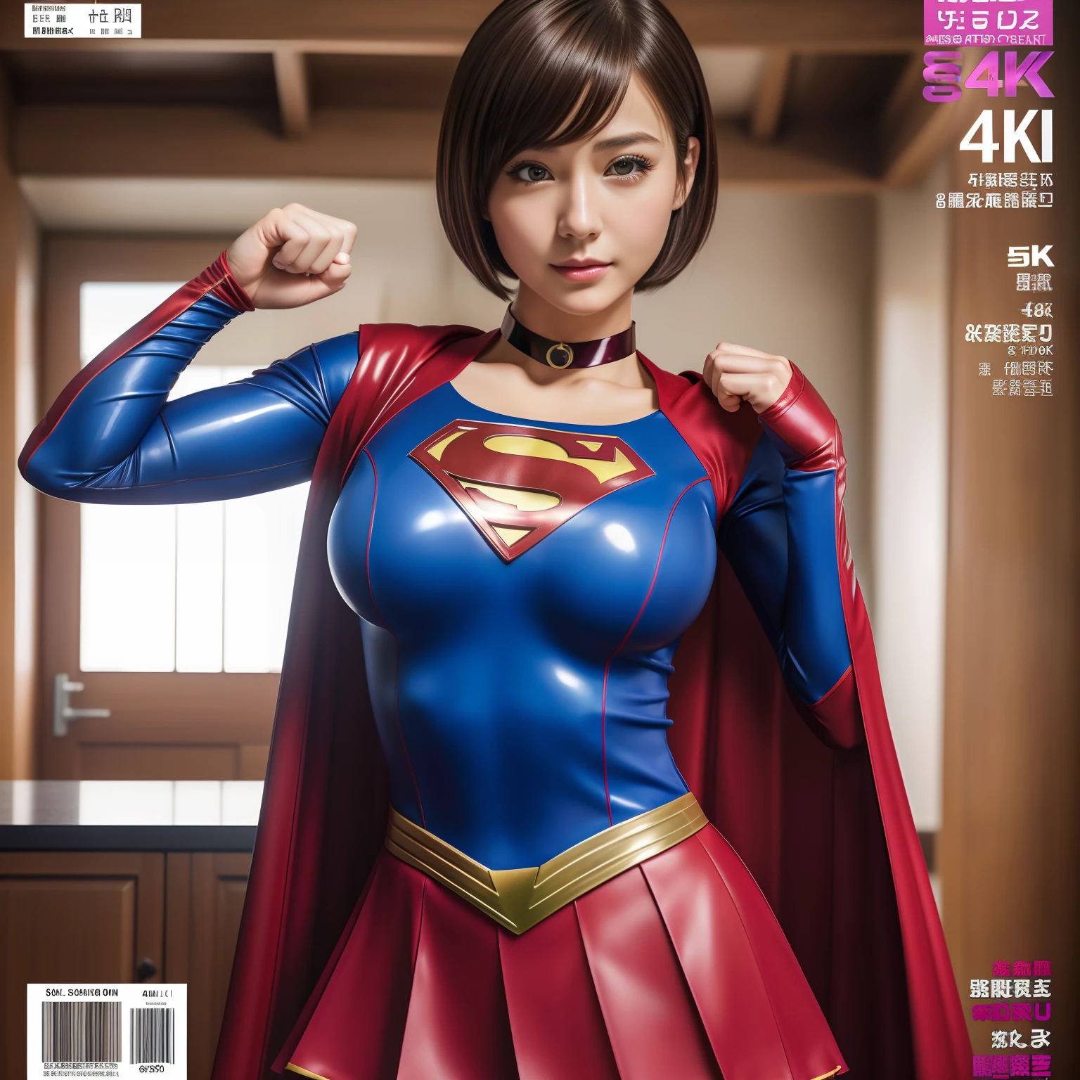 (Best Quality,4K,8K,hight resolution,masutepiece:1.2),Ultra-detailed,Realistic:1.37,Super masterpiece,Short-haired Supergirl、large full breasts、Looking at the camera、Glossy costume、a choker、Too short miniskirt、Weekly magazine cover、hposing Gravure Idol