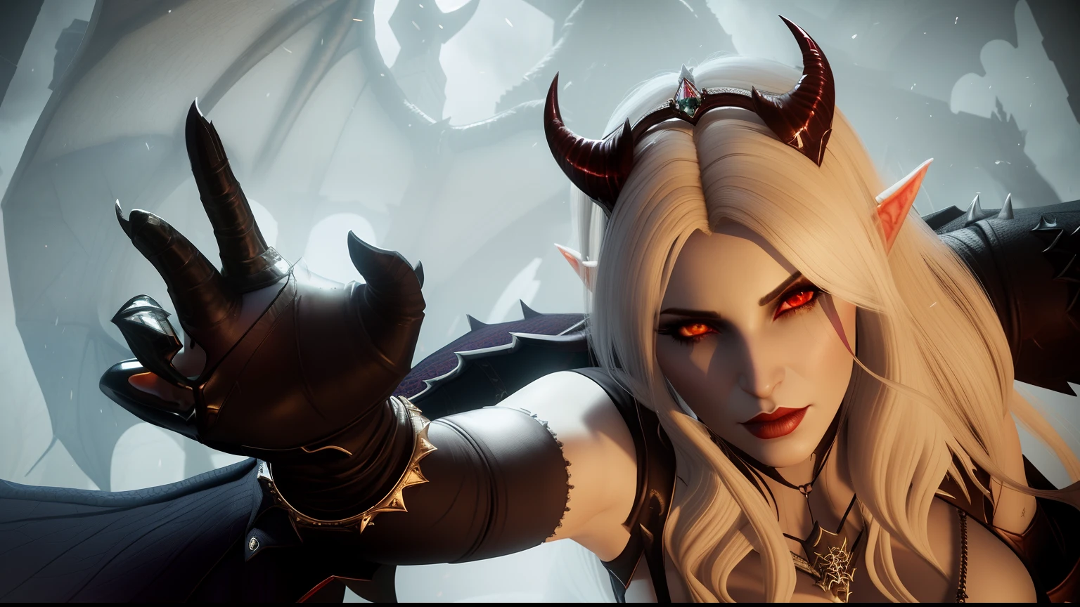 Close-up of a woman with horns and a demon face, diablo 4 lilith, diablo 4 queen, Succubus | medieval, morrigan, Art germ ; 3d unreal engine, v from devil may cry as an elf, morrigan aensland, demoness, The Dragon Age Inquisition, white horns queen demon, cinematic goddess shot, castlevania witch