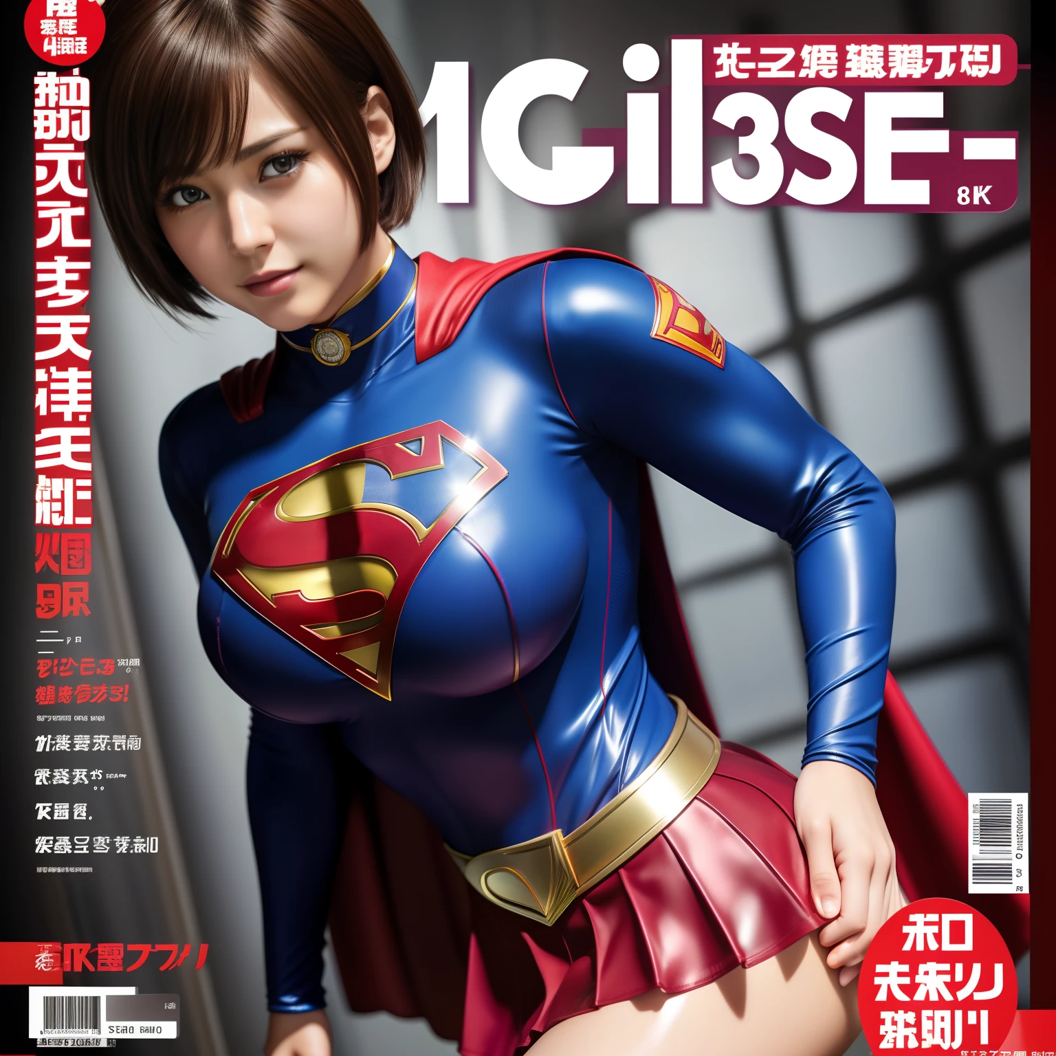 (Best Quality,4K,8K,hight resolution,masutepiece:1.2),Ultra-detailed,Realistic:1.37,Super masterpiece,Short-haired Supergirl、large full breasts、Looking at the camera、Glossy costume、a choker、Too short miniskirt、Weekly magazine cover、hposing Gravure Idol