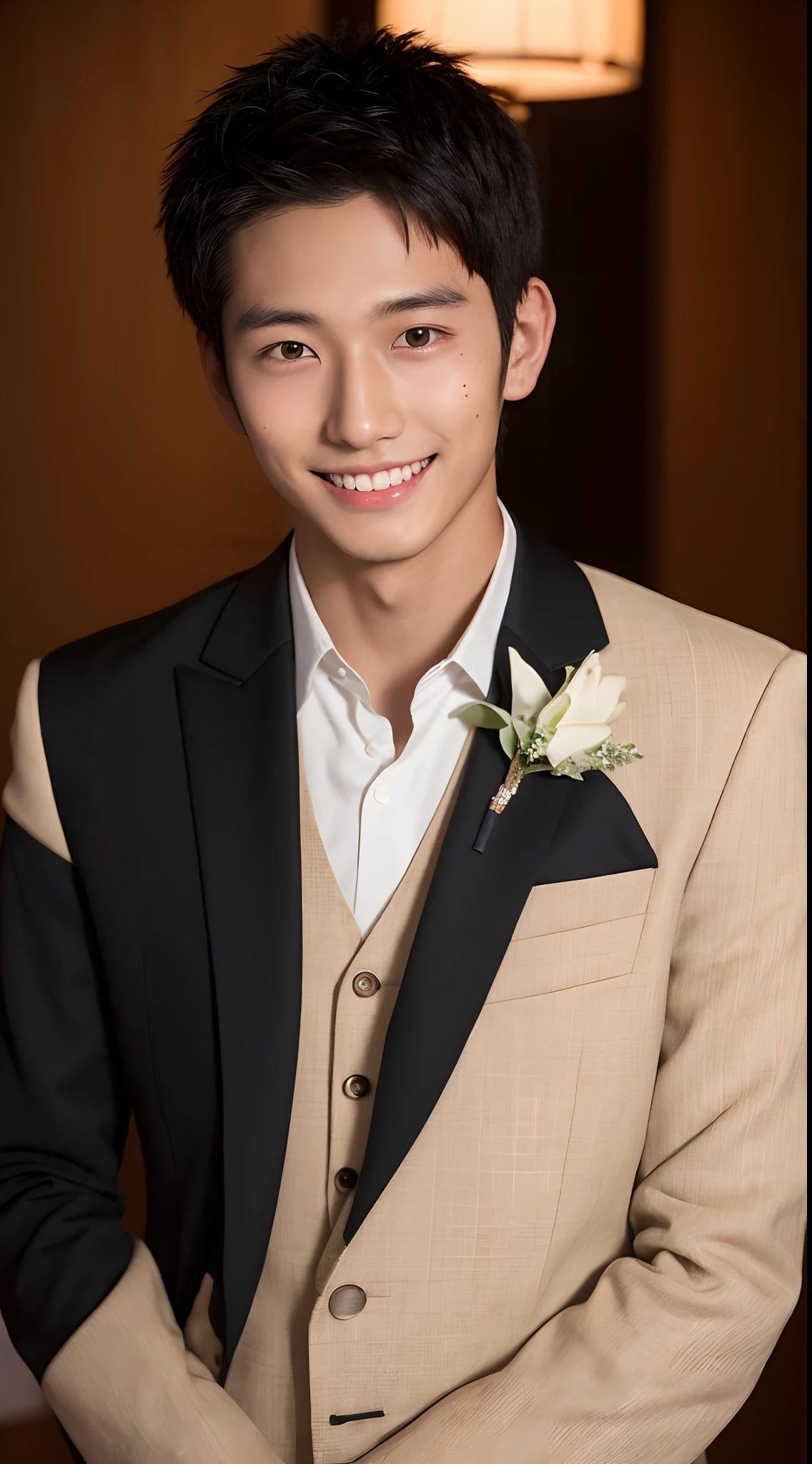 4K、top-quality、masutepiece、 (Japan Male,19 years old)、a handsome、((Tanned black skin 1.6))、bridegroom、wedding hall、Looking at the camera、a smile