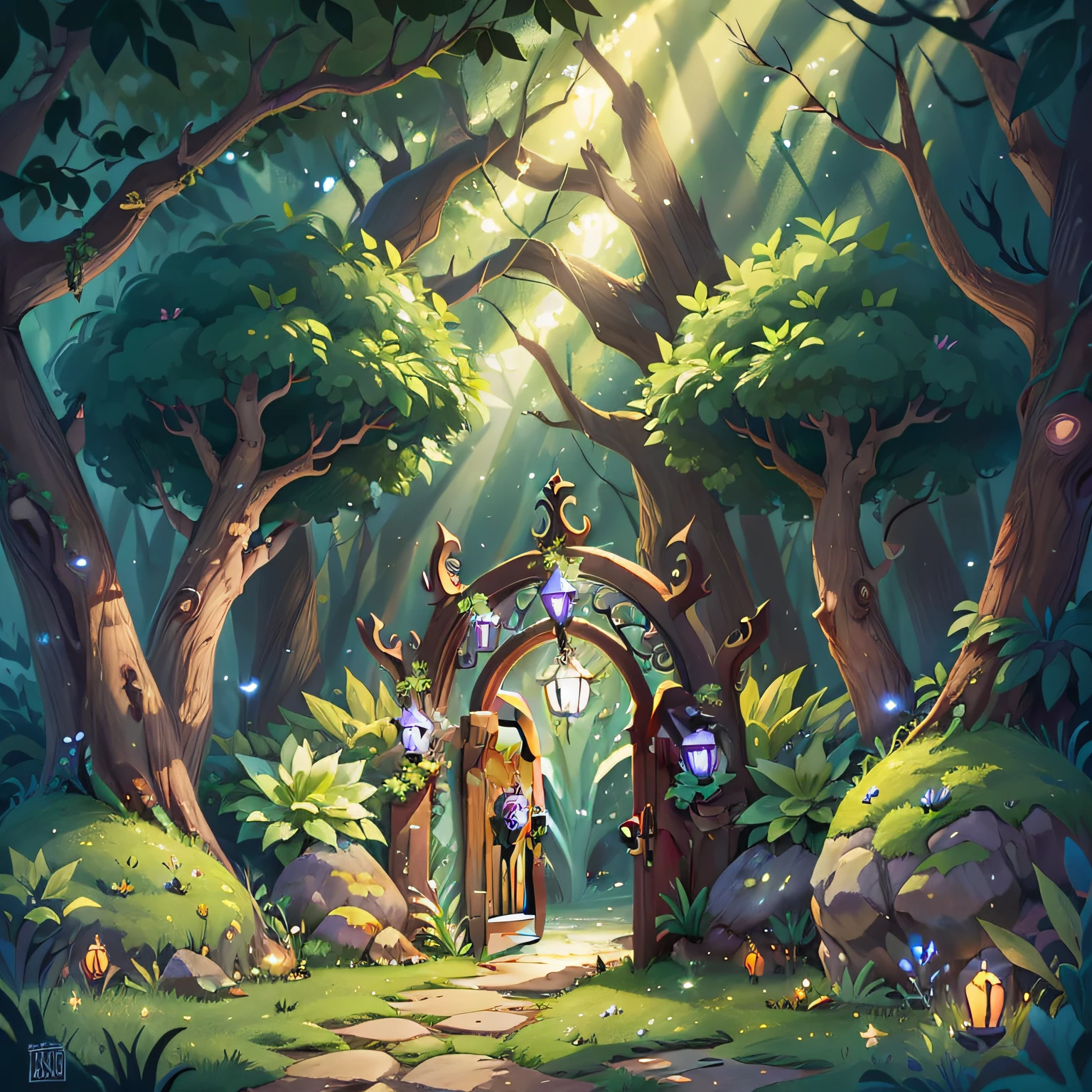 Illustration of a fancy entrance with a bright door and a path, twilights, enchanted magical fantasy forest, magic fantasy forest, enchanted and magic forest, magical fantasy 2 d concept art, magical atmosphere, ambiente florestal de fantasia, estilo de arte de jogo de fantasia, magical portal, magic doorway, magic fairy forest, Portal Florestal, magical portal, magical forest backround, Luzes, Dragoned, fada, luzes coloridas, unicorn, brilho,