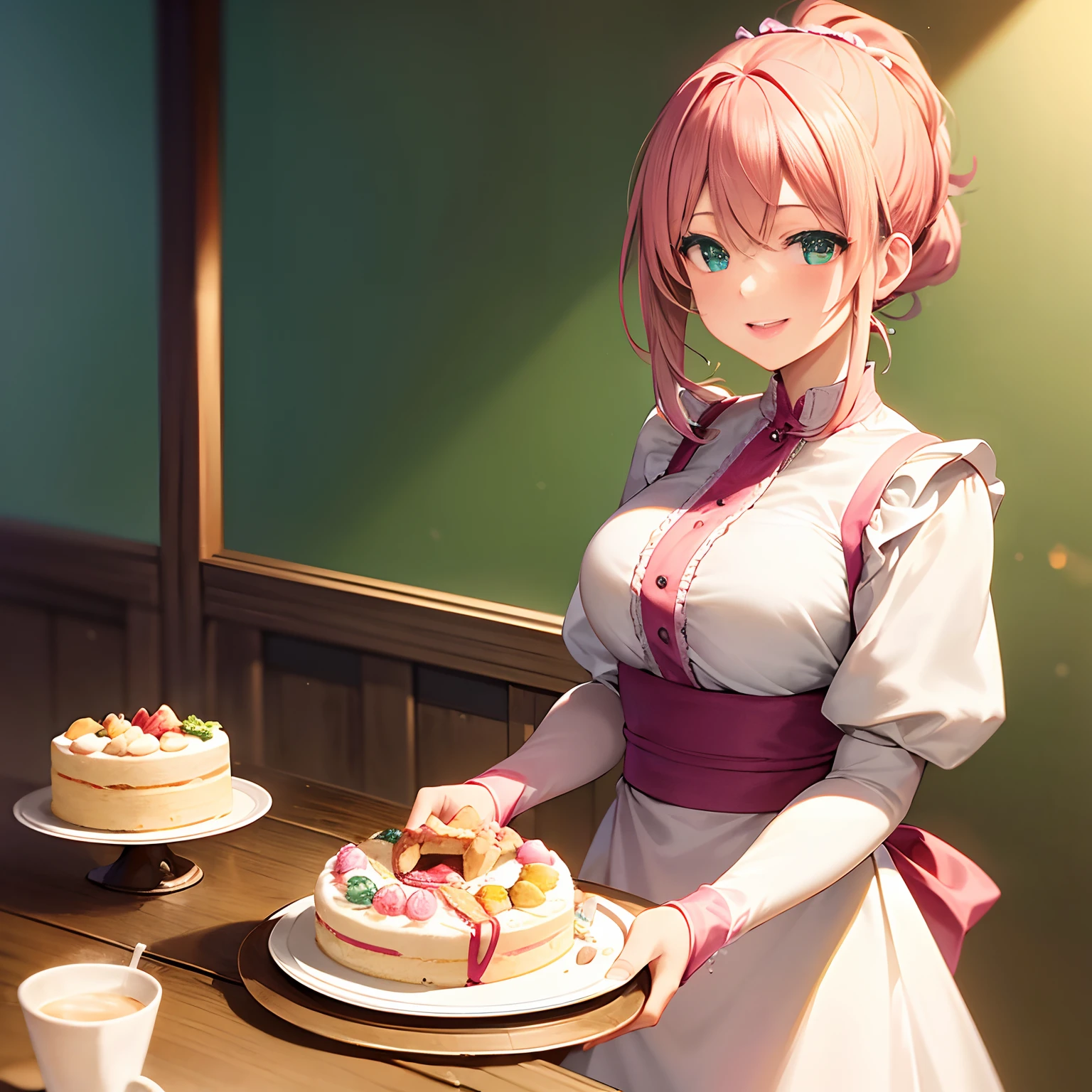{{{{{masterpiece,Best Quality,ultra-detail}}}}},Happy laughter,1 beautiful woman,beautiful pink ponytail hairstyle,traditional maid costume,beautiful green eyes,beautiful traditional cafe background,have some cakes on a tray,