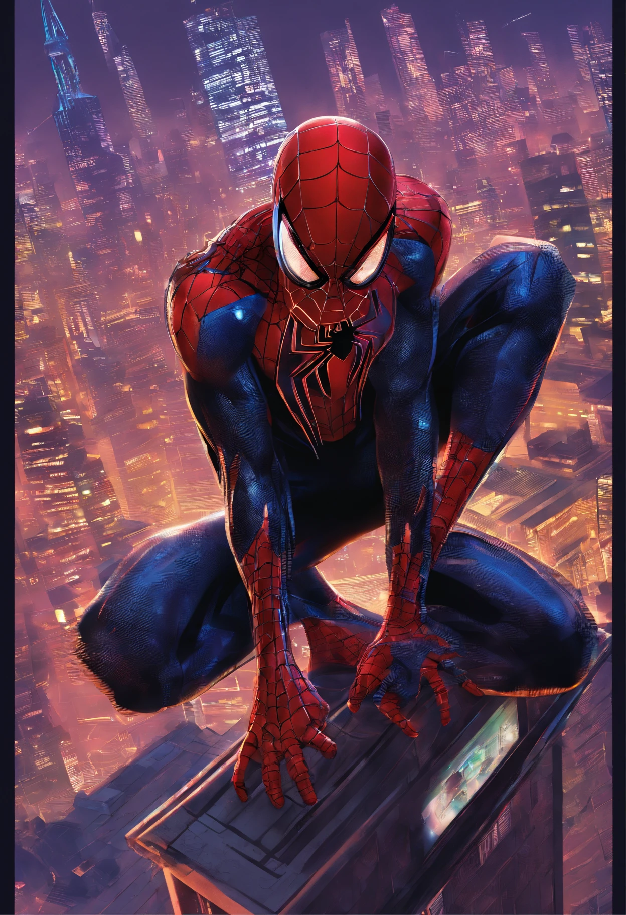 Spider - Man in a suit standing on a roof with a cyberpunk city in the background, Bustling with neon signs, Pedro Lucia, Homem-Aranha, aranha - homem, Retrato do Homem-Aranha, hq 4k papel de parede, Aranha altamente detalhada - Man, peter parker como homem-aranha, Estilo futurista Homem-Aranha, 8k render", medium close - up ( Mcu ), Spiderman, Trending in ArtStation 4K, cg arte