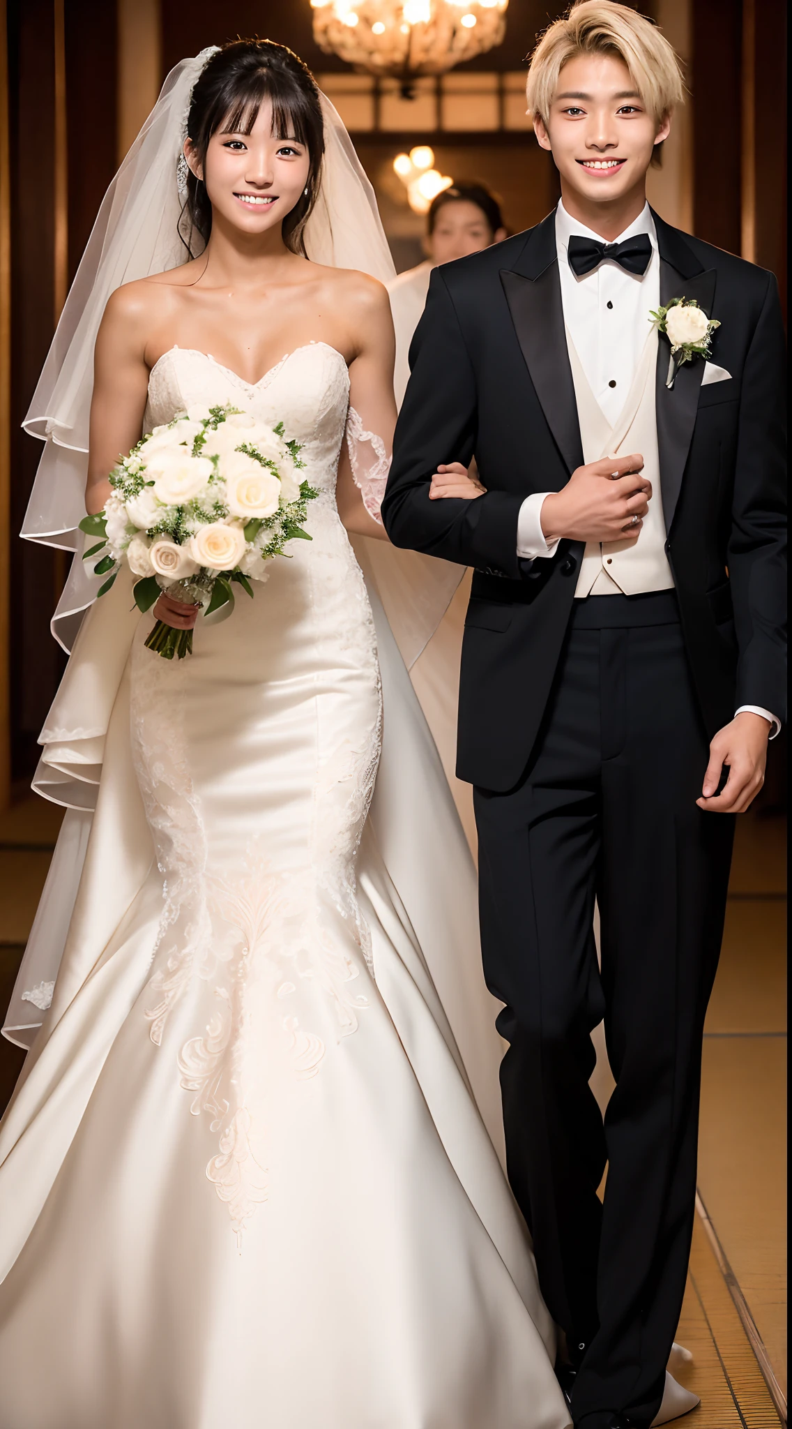 ((best quality)), ((masterpiece)), (detailed), perfect face woman dressed in white walking hand in hand with an unknown man towards her wedding