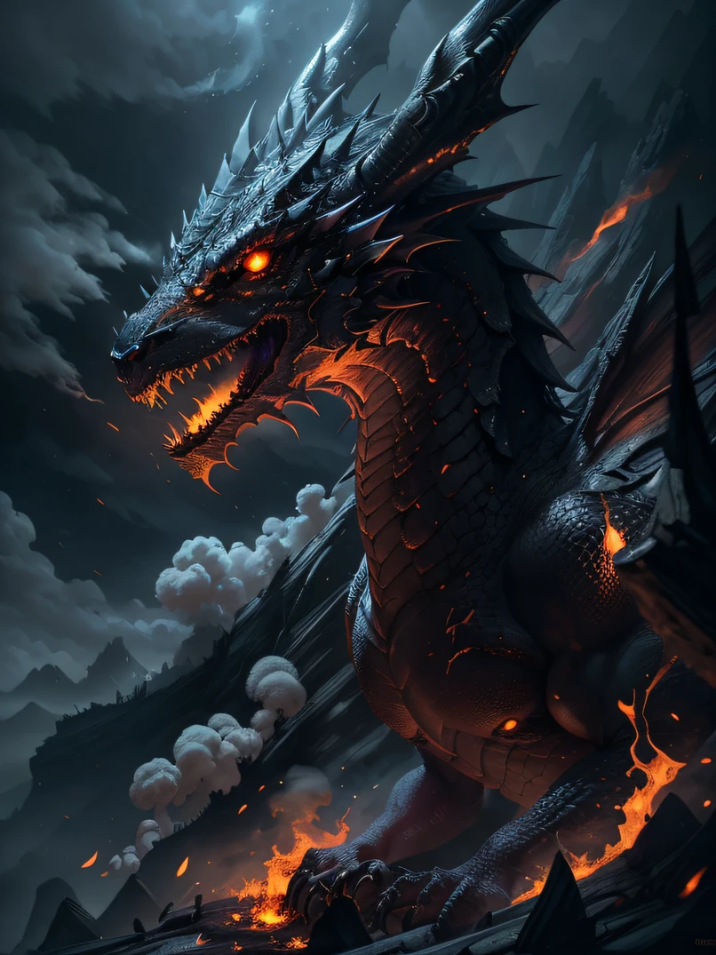 Portrait of a terrifying dragon sitting on a mountain、3/5 shots、hight resolution、​masterpiece、foco nítido、lighting like a movie、Black magic style、dim colors、fire-breathing、Surrounded by smoke、Burning Forest、ruin city、Detailed chest depiction、detailed face depiction
