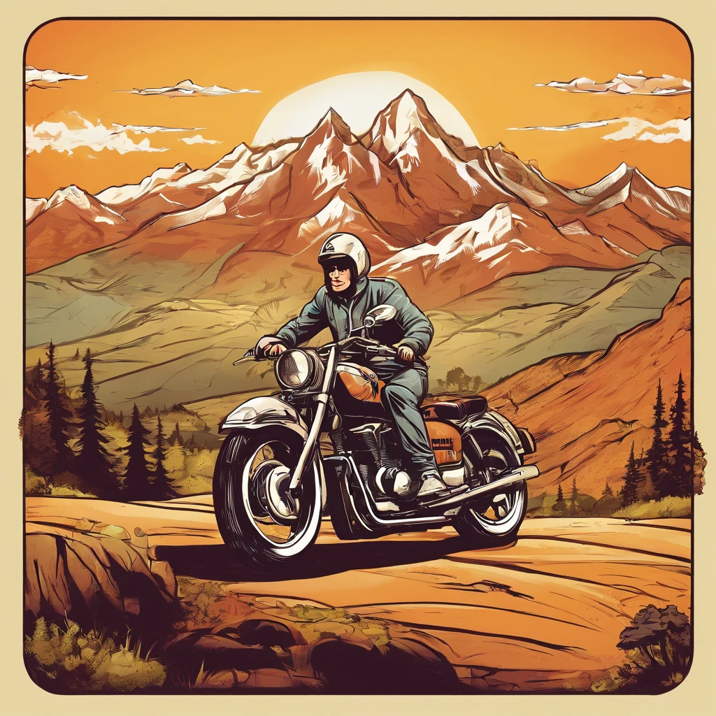 Make vector motorcycle adventure vintage logo design "Vitopna" with mountains, vintagestyle