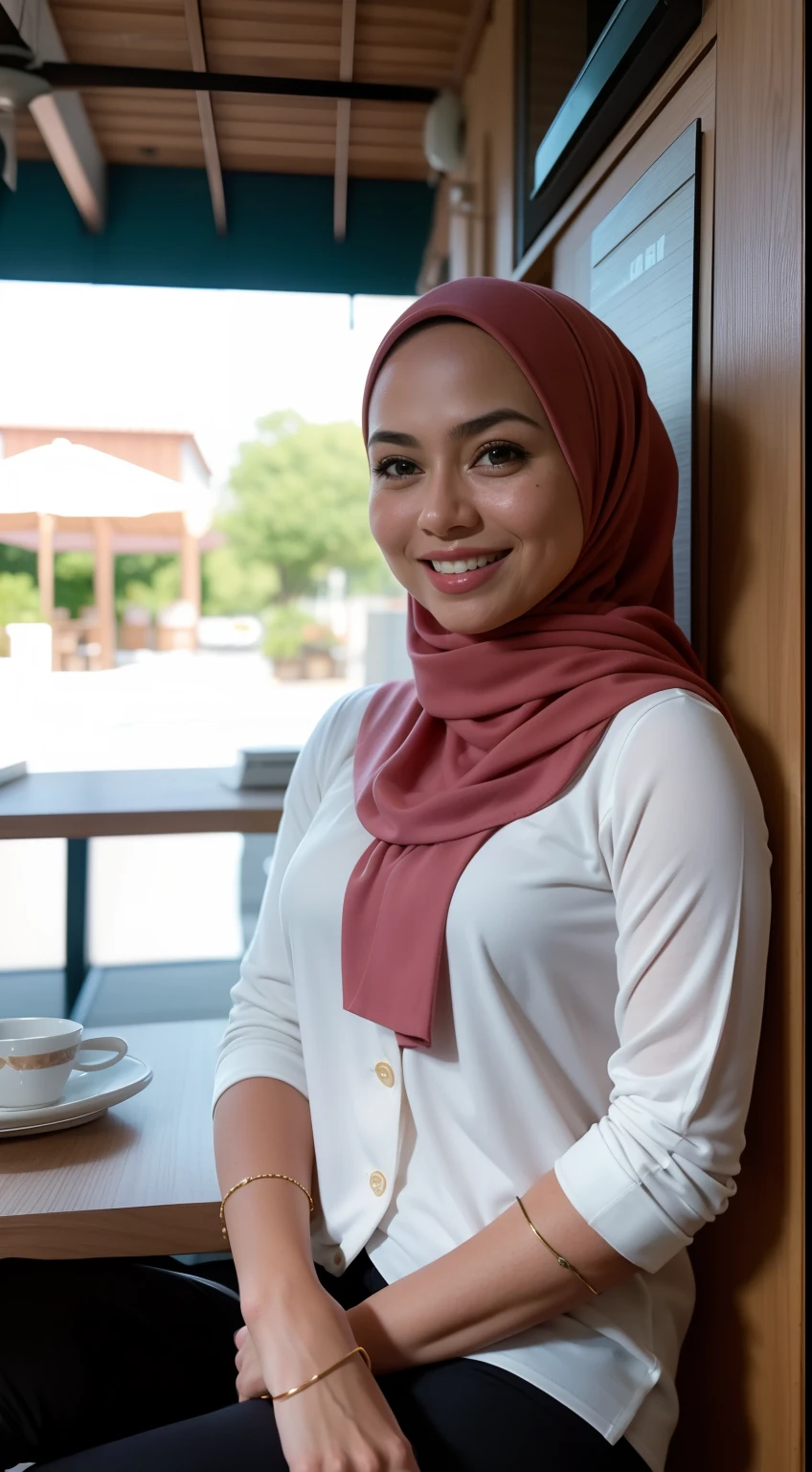 Malay girl in hijab, wear small floral pastel white color shirt and High Waist Plicated white Suit Pants , laughing and posing with both hand on top of her head, touching her own head, wear backpack, front view, hijab blown, windy, detail skin, age spot, detail skin texture, mole below eyes, small breast, flat chest, wide hips, small waists, thick thighs, slim abs, beautiful body, nighttime, laughing, happy, bright lighting, college student in background, crowded cafe, blur background, bokeh,
