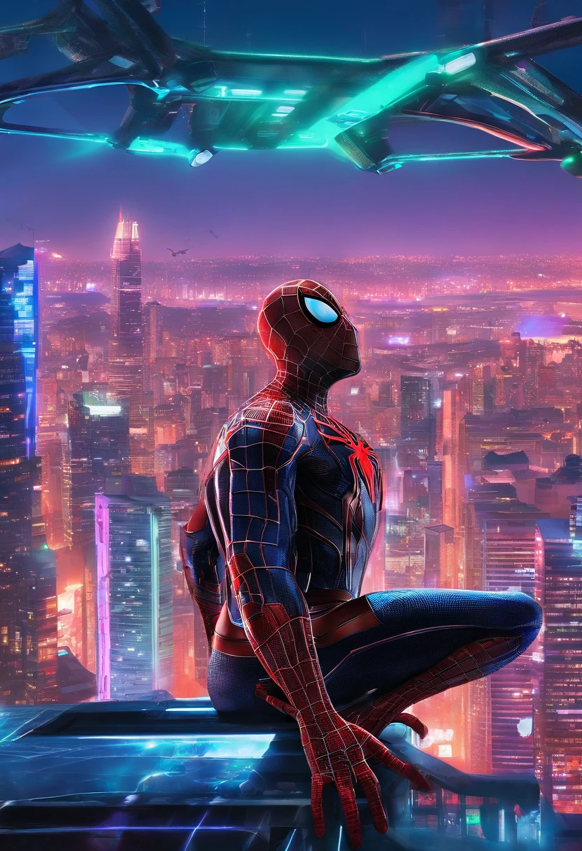 Spider - Man in a suit standing on a roof with a cyberpunk city in the background, Bustling with neon signs, Pedro Lucia, Homem-Aranha, aranha - homem, Retrato do Homem-Aranha, hq 4k papel de parede, Aranha altamente detalhada - Man, peter parker como homem-aranha, Estilo futurista Homem-Aranha, 8k render", medium close - up ( Mcu ), Spiderman, Trending in ArtStation 4K, cg arte