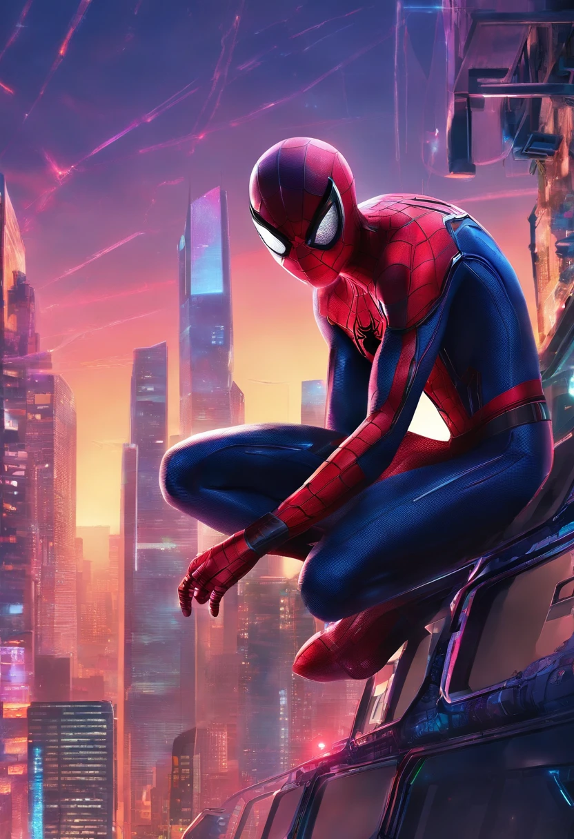 Spider - Man in a suit standing on a roof with a cyberpunk city in the background, Bustling with neon signs, Pedro Lucia, Homem-Aranha, aranha - homem, Retrato do Homem-Aranha, hq 4k papel de parede, Aranha altamente detalhada - Man, peter parker como homem-aranha, Estilo futurista Homem-Aranha, 8k render", medium close - up ( Mcu ), Spiderman, Trending in ArtStation 4K, cg arte