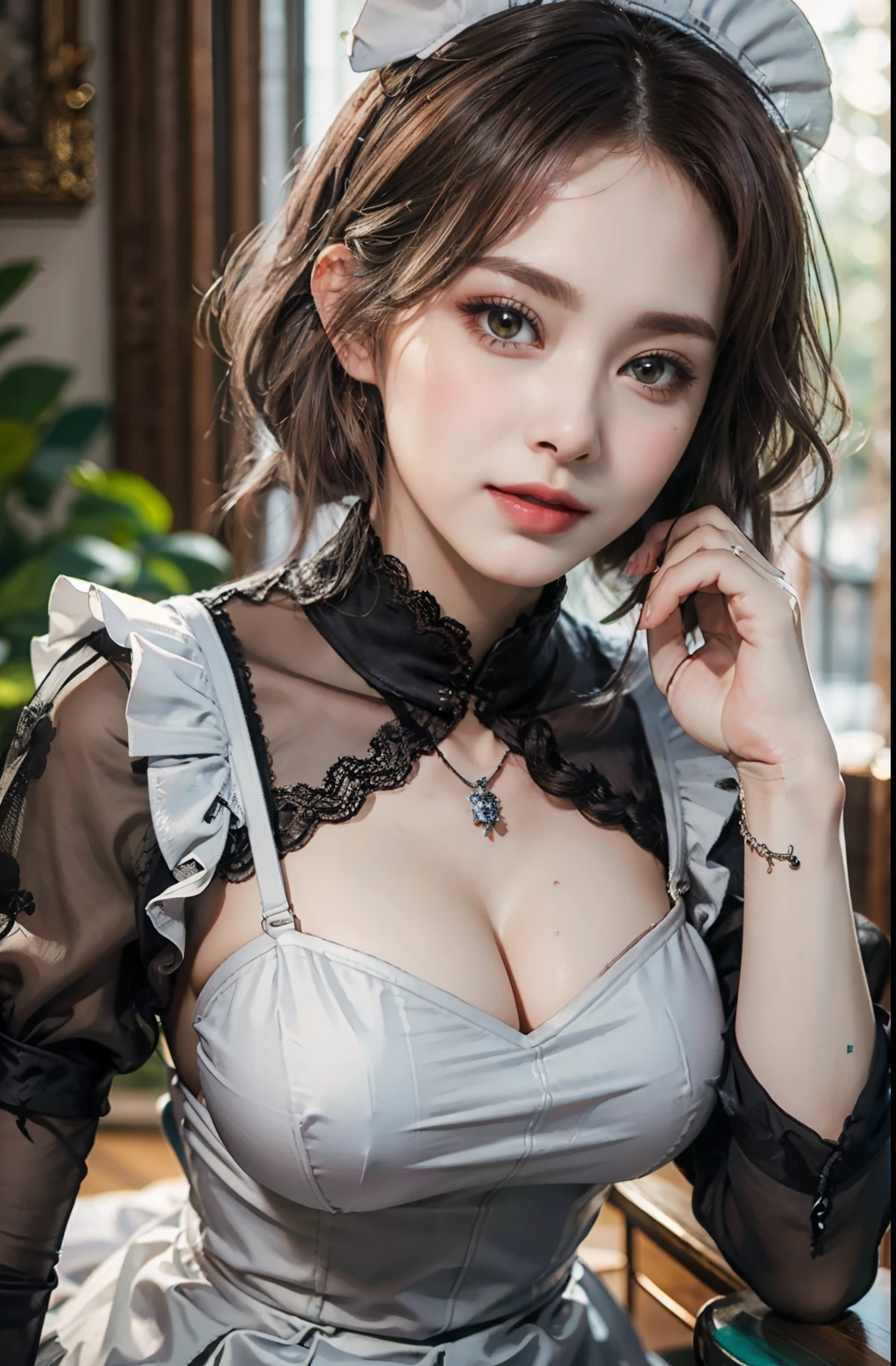 (8K, RAW photography, top-quality, tmasterpiece: 1.2), tmasterpiece, Super detail, 超A high resolution, (realistic and realistic photos: 1.37), high-definition RAW color photography, Extremely Delicately Beautiful, The is very detailed, 8K wallpaper, astounding, detaileds, extremely detailed eye, highlydetailed skin, Extremely detailed fingers, Highly detailed nose, highly detail mouth, perfect anatomia,1girl in, aprons, Black dress, Blurry, The background is blurred out, Blurred foreground, Blush, Braid, Breasts, depth of fields, dress, Eyebrows visible through hair, frilld, mitts, hair between eye, Indoors, jewelry, Juliet sleeves, Long sleeves, view the viewer, maid, maid apronl, maid headdress, Puffy sleeves, Short hair, Sitting, Solo, White apron, window, huge boob、hposing Gravure Idol、女優、25 age old、Tall、coffeehouse、dining room、Italy、Americans、Australia