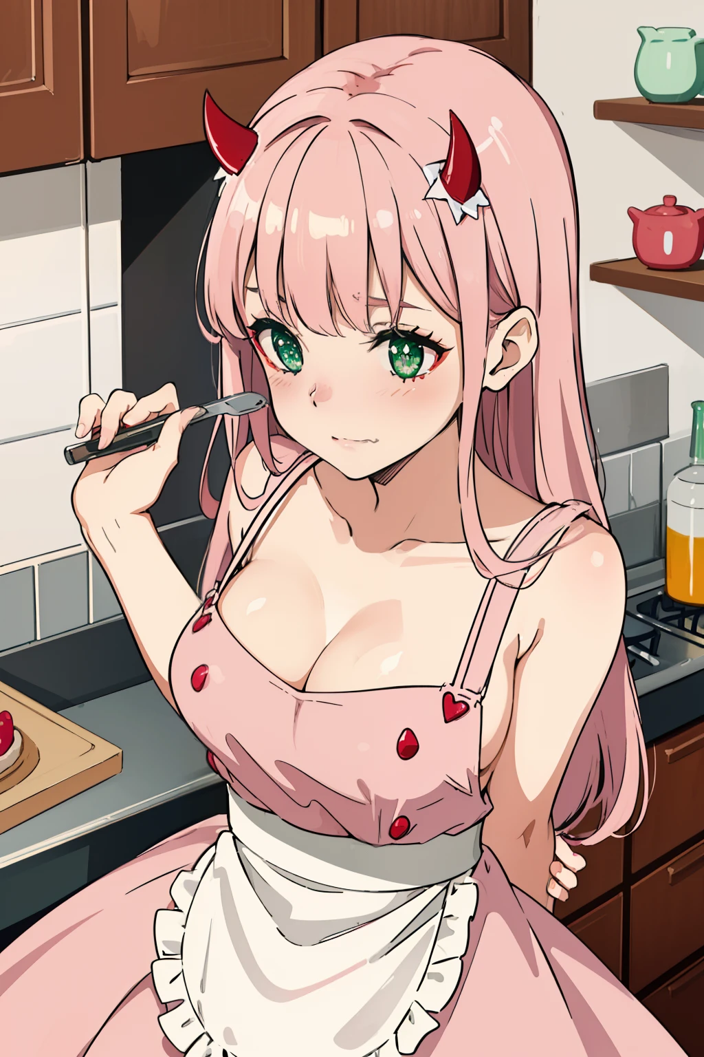 Very Little devil red horns, Mommy Masterpiece,maid costume, long pink hair , green detailed sparkling eyes , embarrassed , blushing                                                                                          
  (Best quality:1.3),mini breasts, naked, apron, cleavage, (pov, close shot), standing, kitchen background, blushing:1.2.