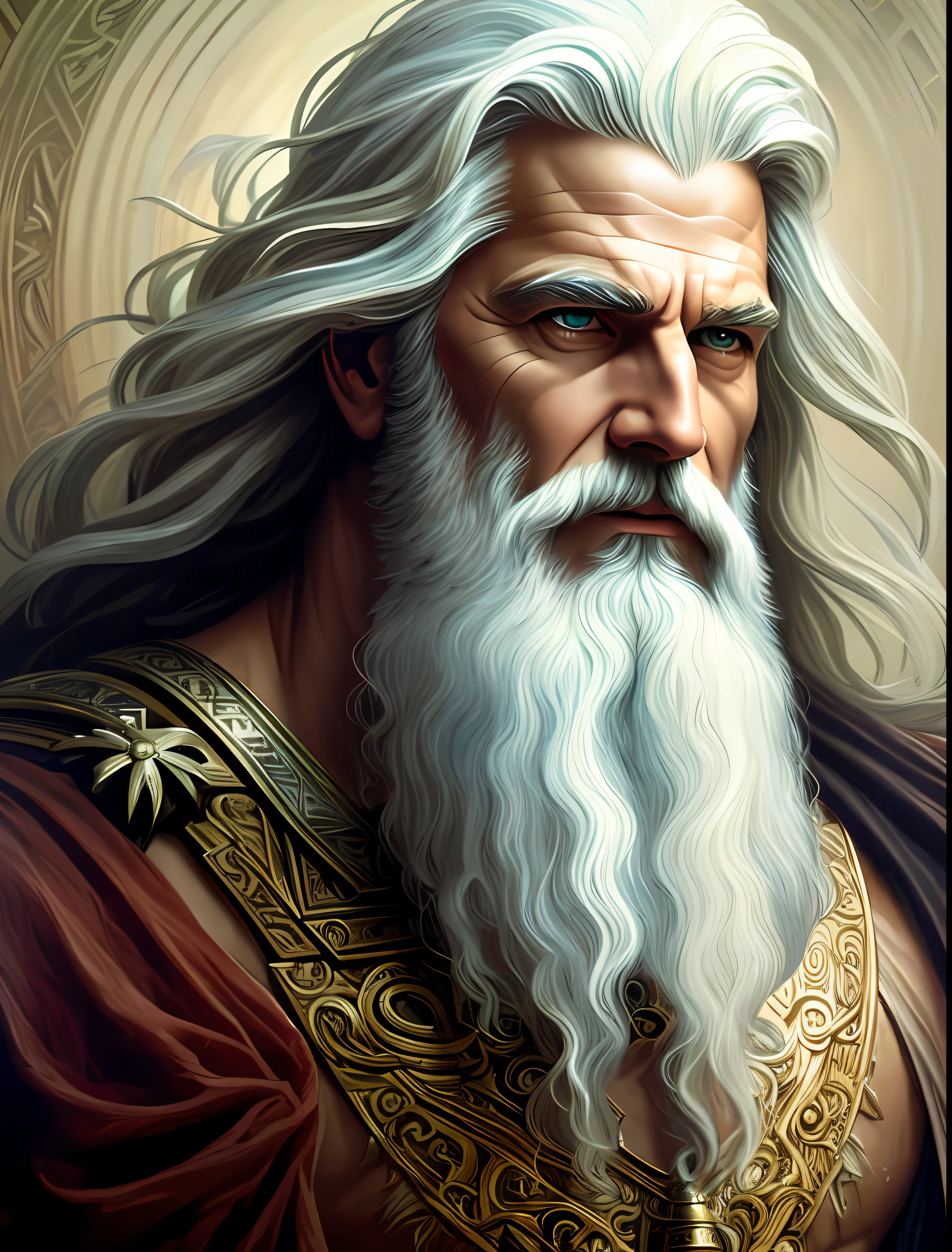 painted portrait of rugged zeus, god of thunder, greek god, on Mount Olympus, white hair, full body, mature, handsome, fantasy, intricate, elegant, highly detailed, digital painting, artstation, concept art, smooth, sharp focus, illustration, art by gaston bussiere and alphonse mucha