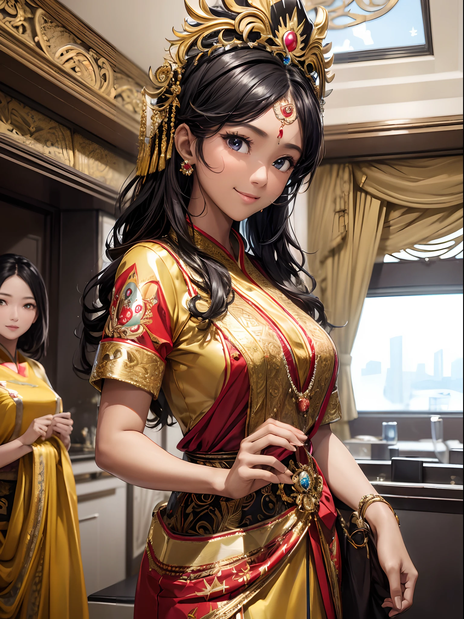 absurderes,(​masterpiece、top-quality、8K ),intricate detailes,ultra-detailliert、1 Beautiful Indonesian Woman、(Singaporean national costume:1.4),Cabin Crew、A slight smil、darkskinned、black curly hair、On the plane、Hyper realistic,Perfect Anatomy