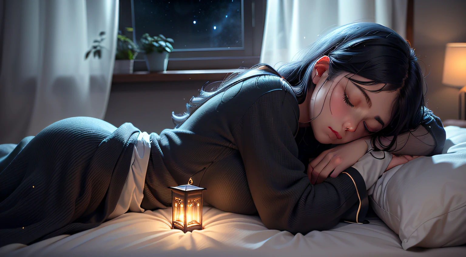 Imagine a soft, soothing illustration of a Beautiful girl was sleeping on a comfortable bed, eyes closed, black pajamas. The room is plunged into darkness, except for soft light emanating from a bedside lamp near the bed, qui jette une lueur chaleureuse sur son visage paisible. Through the half-open window, The Starry Night Stretches Out, full moon, creating a magical contrast between the peaceful interior and the mysterious outside world. Light curtains move slightly with the night breeze, adding a touch of movement to this tranquil scene.