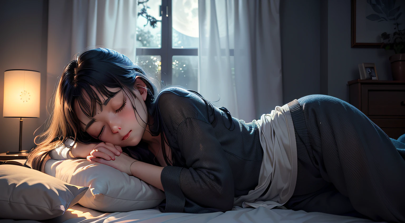 Imagine a soft, soothing illustration of a Beautiful girl was sleeping on a comfortable bed, eyes closed, black pajamas. The room is plunged into darkness, except for soft light emanating from a bedside lamp near the bed, qui jette une lueur chaleureuse sur son visage paisible. Through the half-open window, The Starry Night Stretches Out, full moon, creating a magical contrast between the peaceful interior and the mysterious outside world. Light curtains move slightly with the night breeze, adding a touch of movement to this tranquil scene.