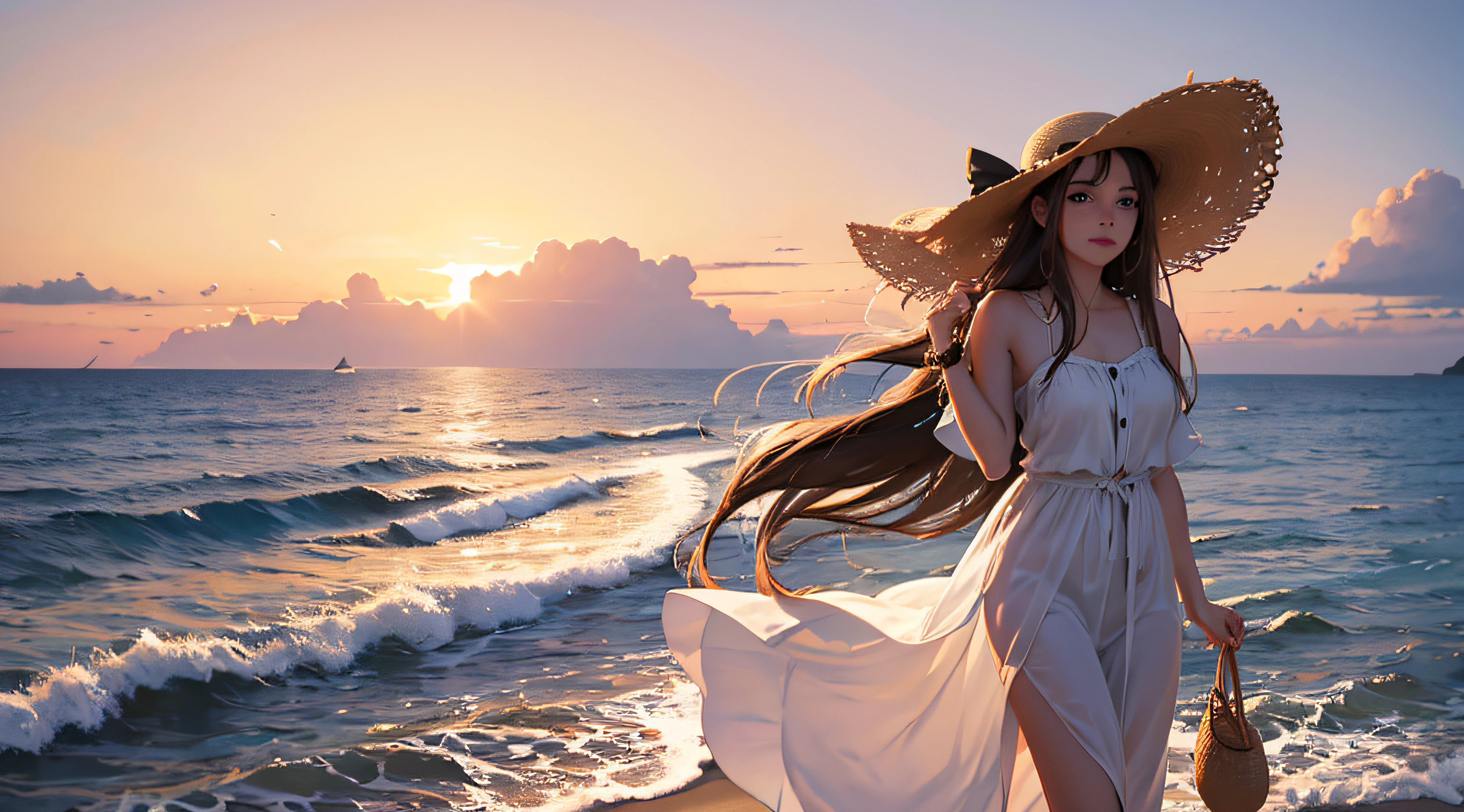 beautiful girl with long hair and sun hat walking by sea where the sea and starry sky meet at the horizon