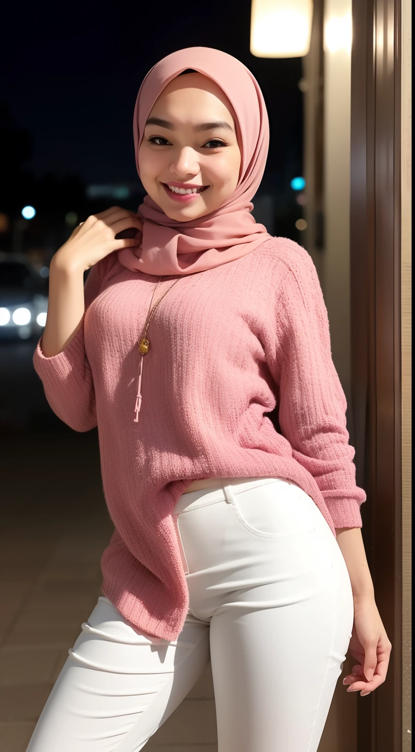 Malay girl in hijab, wear small floral pastel white color shirt and High Waist Plicated white Suit Pants , laughing and posing with both hand on top of her head, touching her own head, wear backpack, front view, hijab blown, windy, detail skin, age spot, detail skin texture, mole below eyes, small breast, flat chest, wide hips, small waists, thick thighs, slim abs, beautiful body, nighttime, laughing, happy, bright lighting, college student in background, crowded cafe, blur background, bokeh,