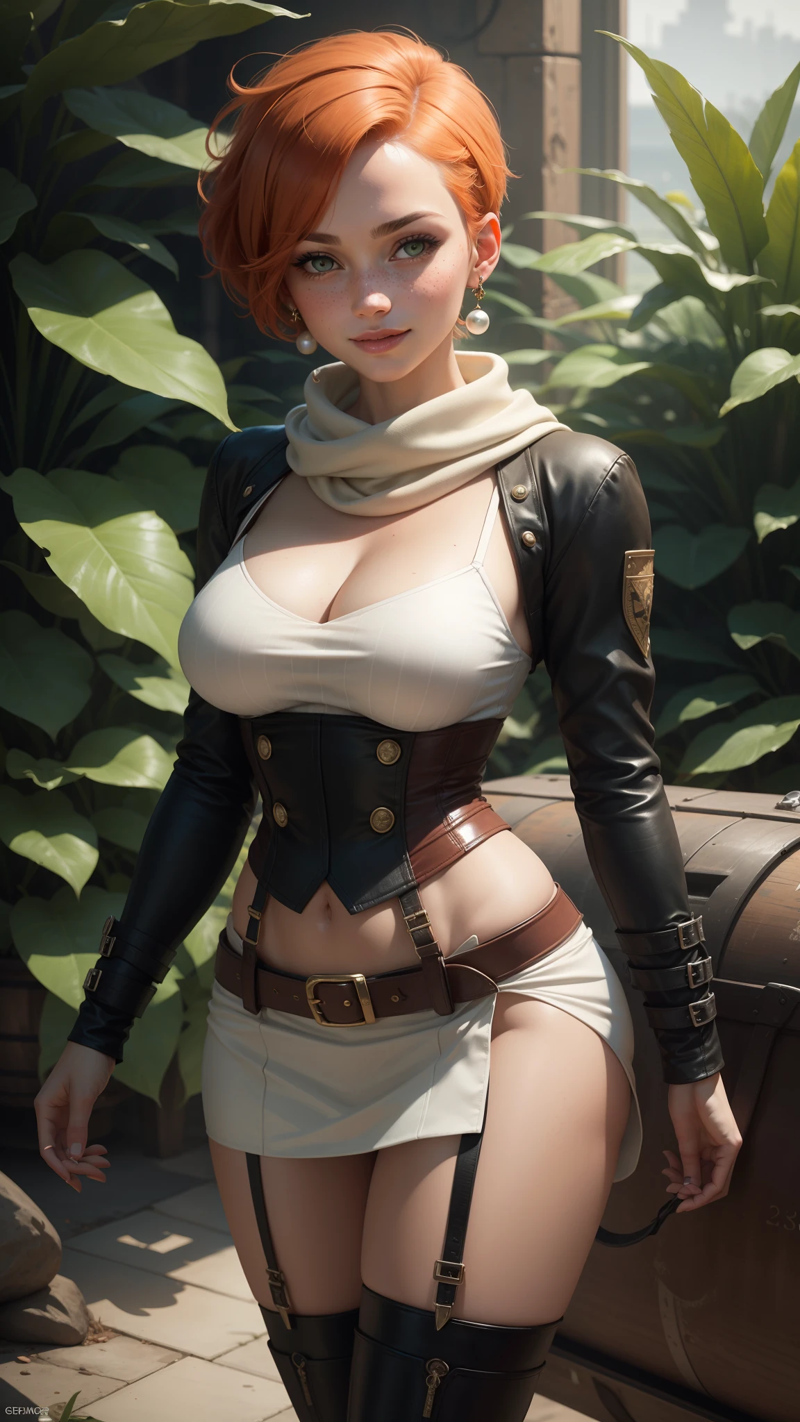 gwen tennyson,tracer,yorha 2b,rebecca chambers,pirate outfit,jungle,pirate jacket,teenager,green eyes,garter belt, thigh high boots,short hair,orange hair, pirate ship,shy smile,white striped top, bodycon skirt,freckles,redhead,pirate corset,beautiful girl,large breasts,ultra detailed,realistic,long scarf,pearl earrings,treasure island,