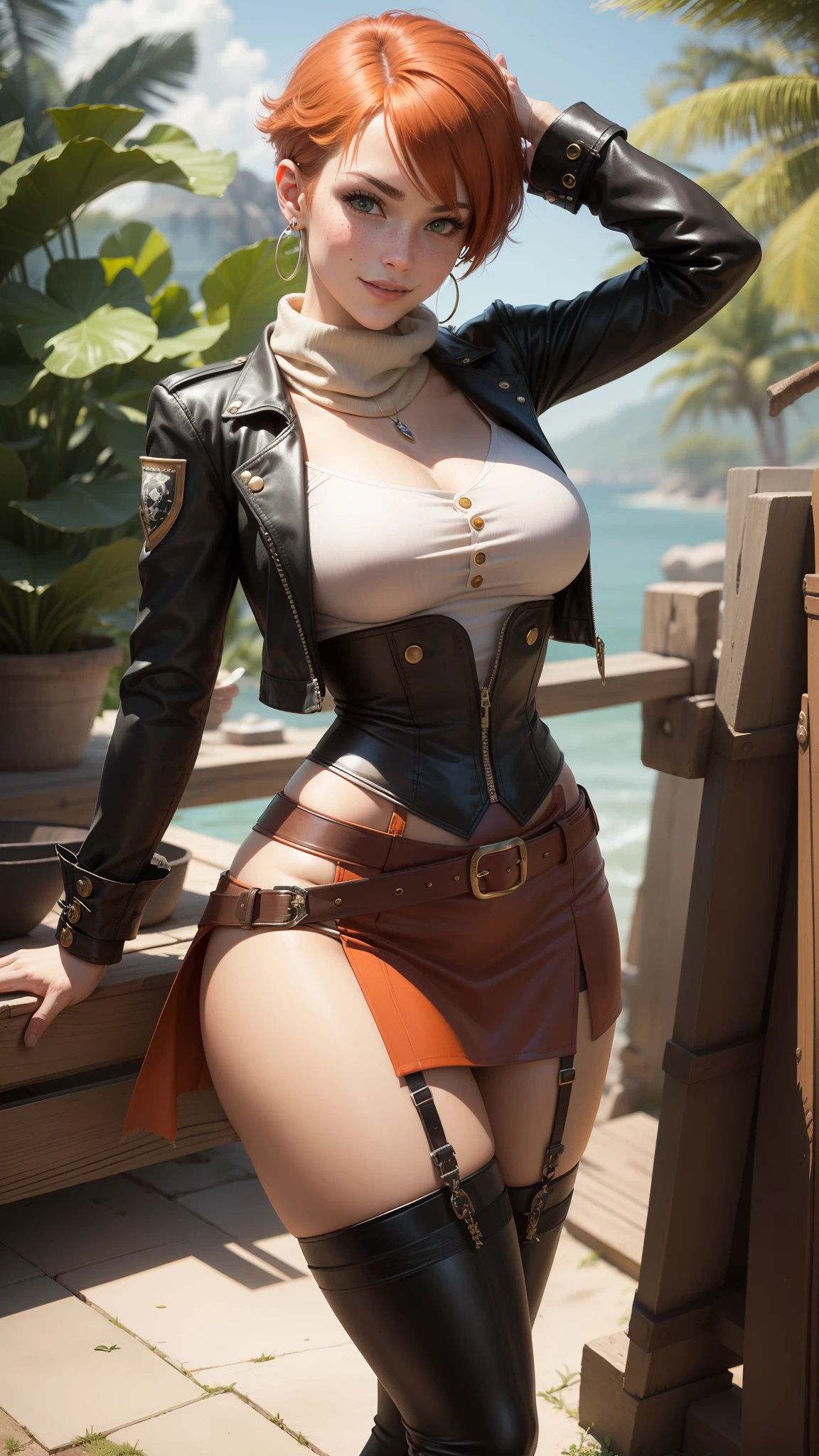 gwen tennyson,tracer,ada wong,rebecca chambers,atelier ryza,pirate outfit,beach, teenager,green eyes,long scarf,thigh high boots,garter belt,shy smile,striped panties,short hair,orange hair,pirate ship,white striped top,tight gothic mini skirt,wet body,freckles,redhead,pirate corset,pirate jacket,beautiful girl,large breasts,ultra detailed,realistic,pearl earrings,