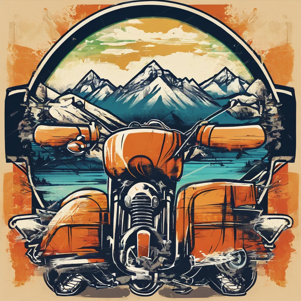 Make vector motorcycle adventure vintage logo design "Vitopna" with mountains, vintagestyle