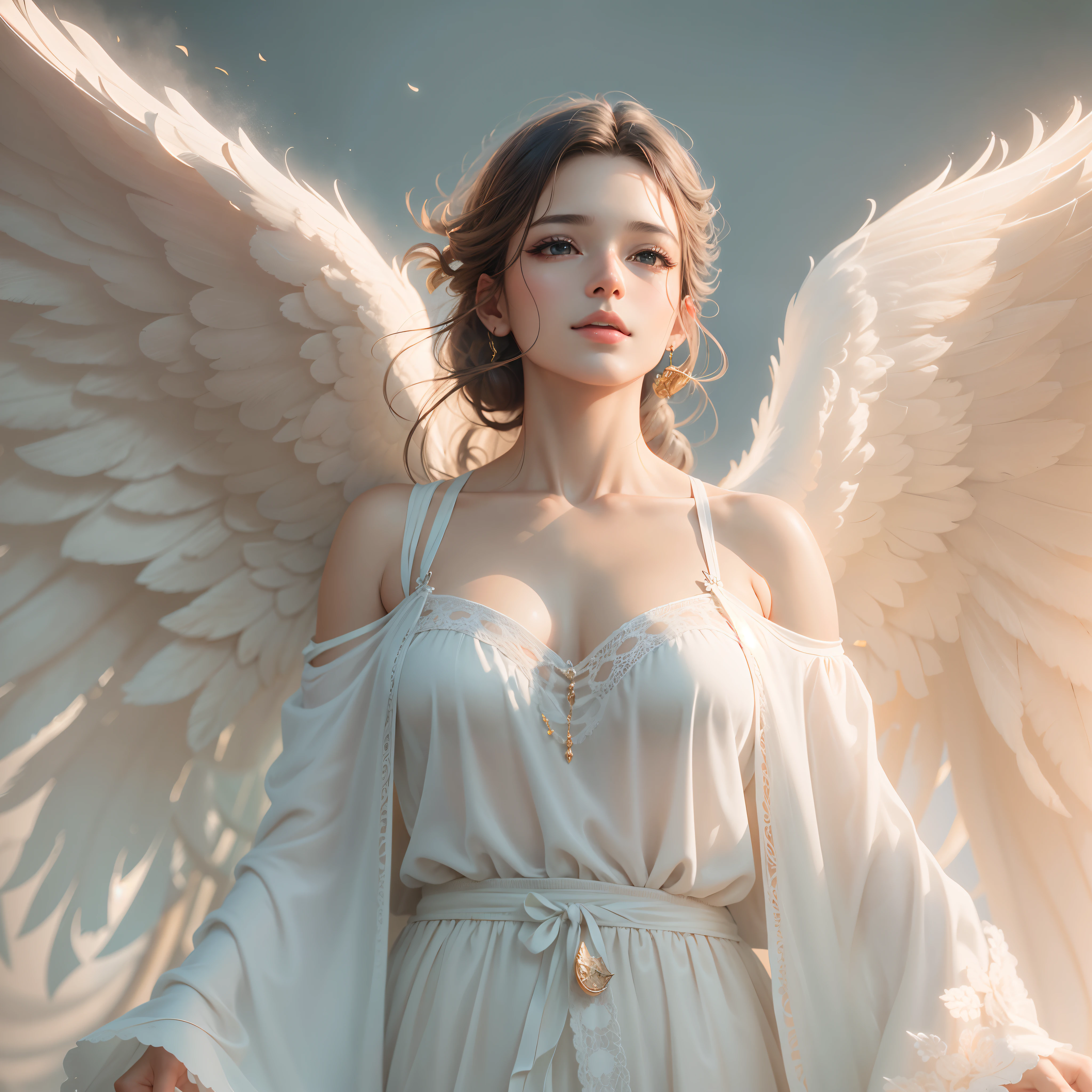 masterpiece, top quality, 8K, real person, realistic, very dense CG, shiny skin, fully focused, heaven, divine glory, radiant, angel, blessing, happiness,