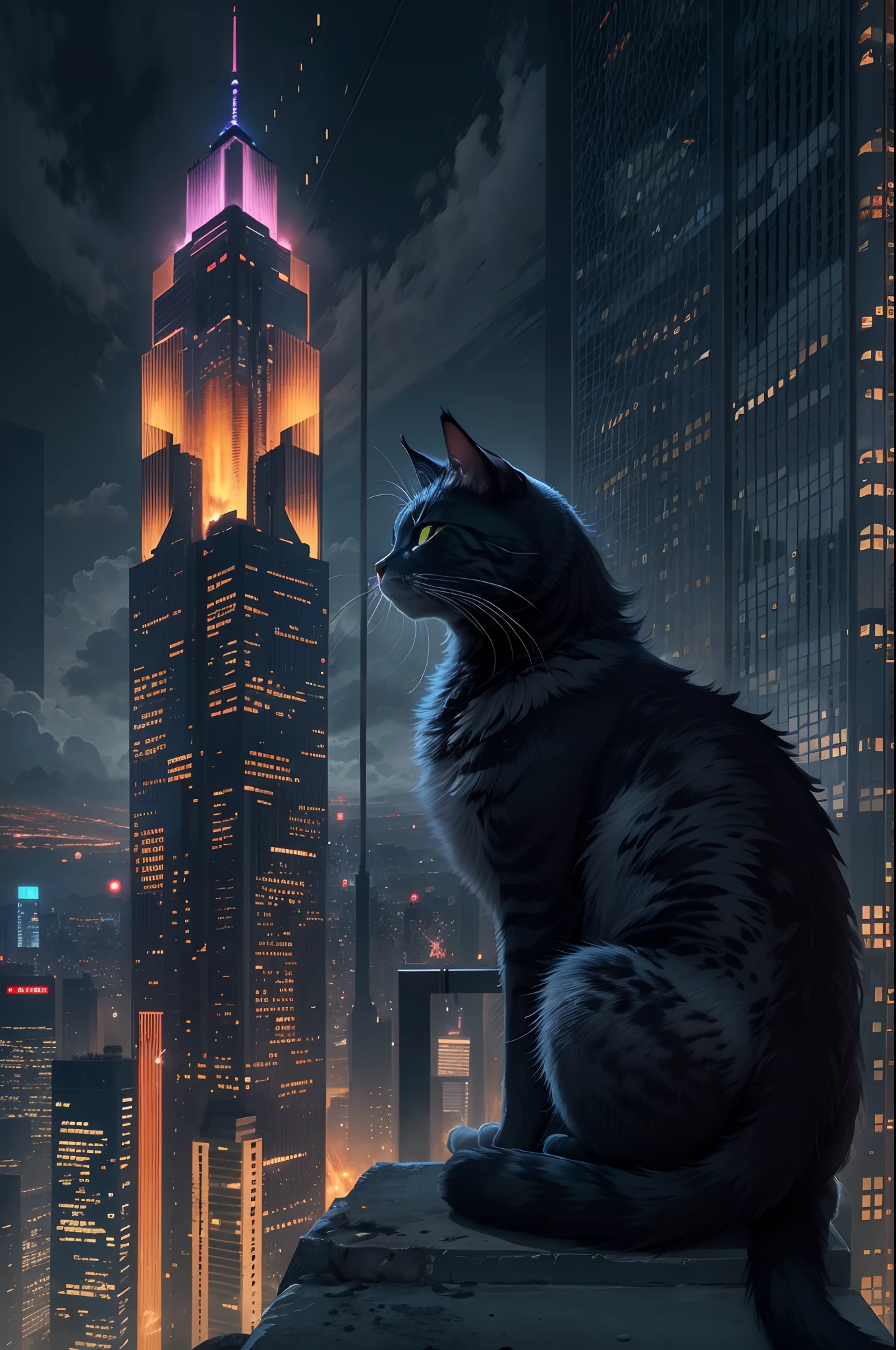 In the bustling city,
BREAK
a cat sits majestically on a skyscraper. It surveys its domain with the air of a conqueror. Its eyes glow with an inner fire, piercing the veil of the night. Its fur, black as the night sky, shimmers under the city lights. The cat is the undisputed ruler of this urban jungle.