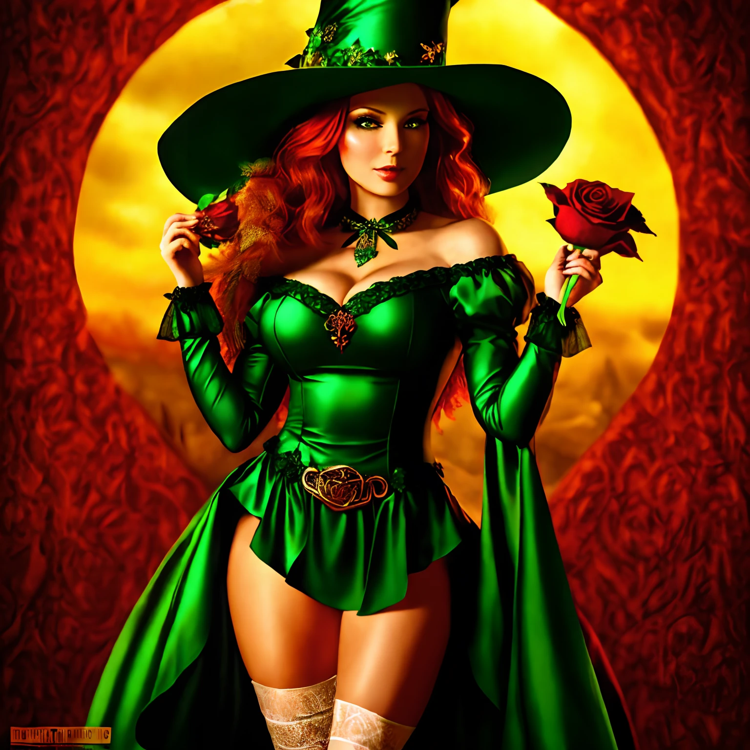 witch, medium breasts, woman in a (medium length dark green ornate dress) with garter holding up thigh high green stockings and hat, long red hair, celtic fantasy art, celtic fantasy, clover, poison ivy, fae, goddess of mischief, green magic, (wearing green tophat), pixie, fairy, celtic, celtic fantasy art, celtic fantasy, beautiful fairie, beautiful fairy, very beautiful fantasy art, Autumn, beautiful autumn spirit, fall season, holding a dark red colored rose, Dark colored roses