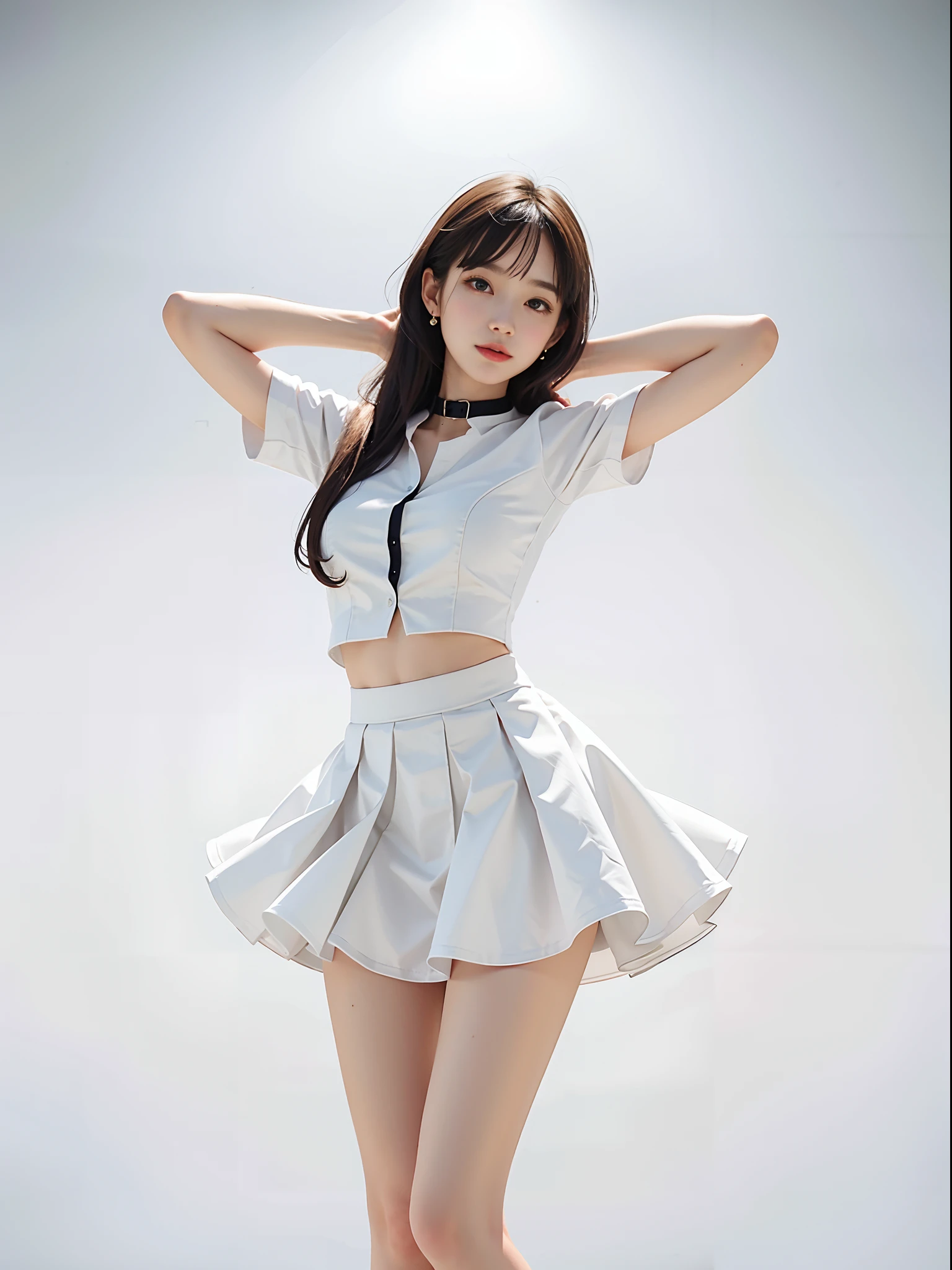 Wearing a short skirt、Woman in white shirt with collar taking photo, pretty face with arms and legs,, leg and hip shot,  Photo of slim girl,perfectly proportions, kawaii playful pose of a dancer,