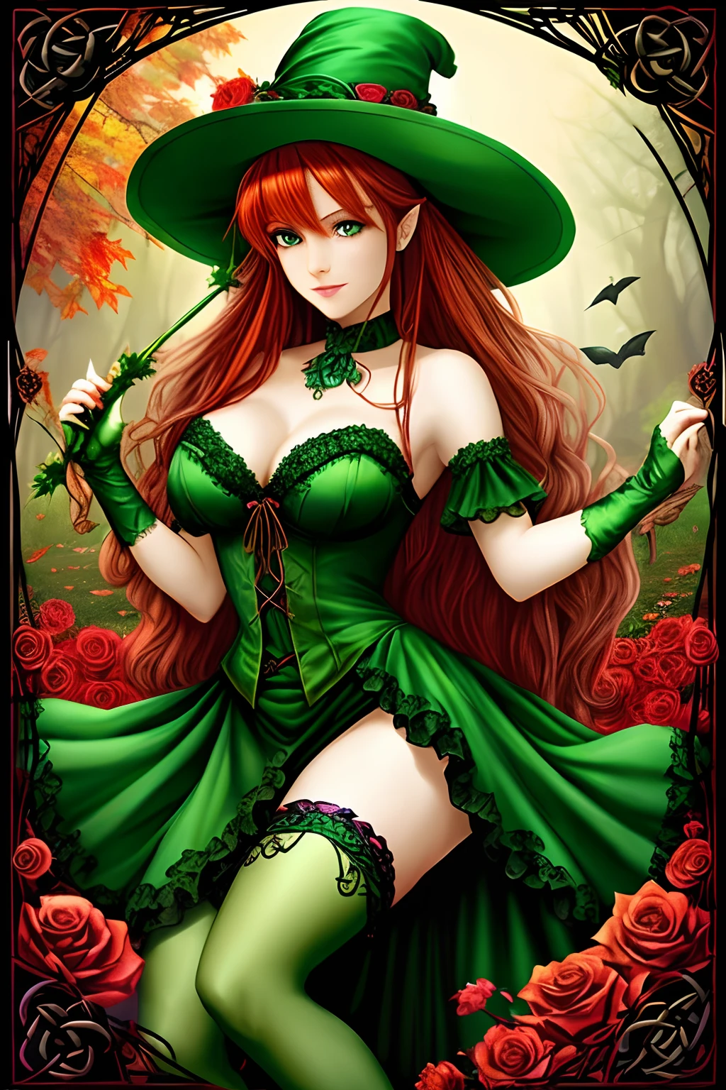 witch, medium breasts woman in a (medium length green dress) with garter holding up thigh high green stockings and hat, long red hair, celtic fantasy art, celtic fantasy, clover, poison ivy, fae, goddess of mischief, green magic, (wearing green tophat), pixie, fairy, celtic,  celtic fantasy art, celtic fantasy,  beautiful fairie,  beautiful fairy, very beautiful fantasy art, Autumn, beautiful autumn spirit, fall season, holding a dark red almost black rose, Dark colored roses