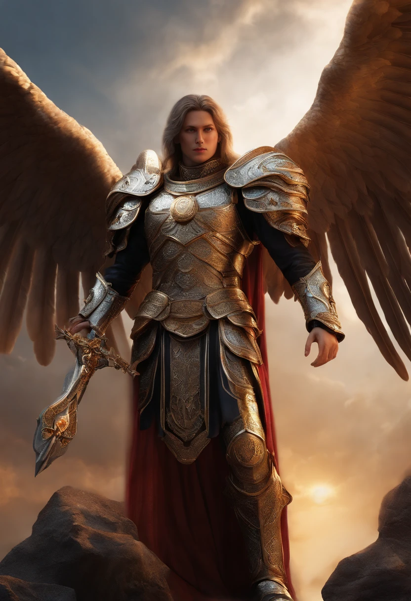 Archangel Michael、The Four Archangels、Masutepiece,Best quality,Ultra-detailed,High resolution,High resolution,4k,4k portrait,8k,8k portrait,Unity 8k wallpaper,extreme CG details,realistic,RAW photo, real person,A portrait photo of,photorealistic,glowing skin,Detailed skin,