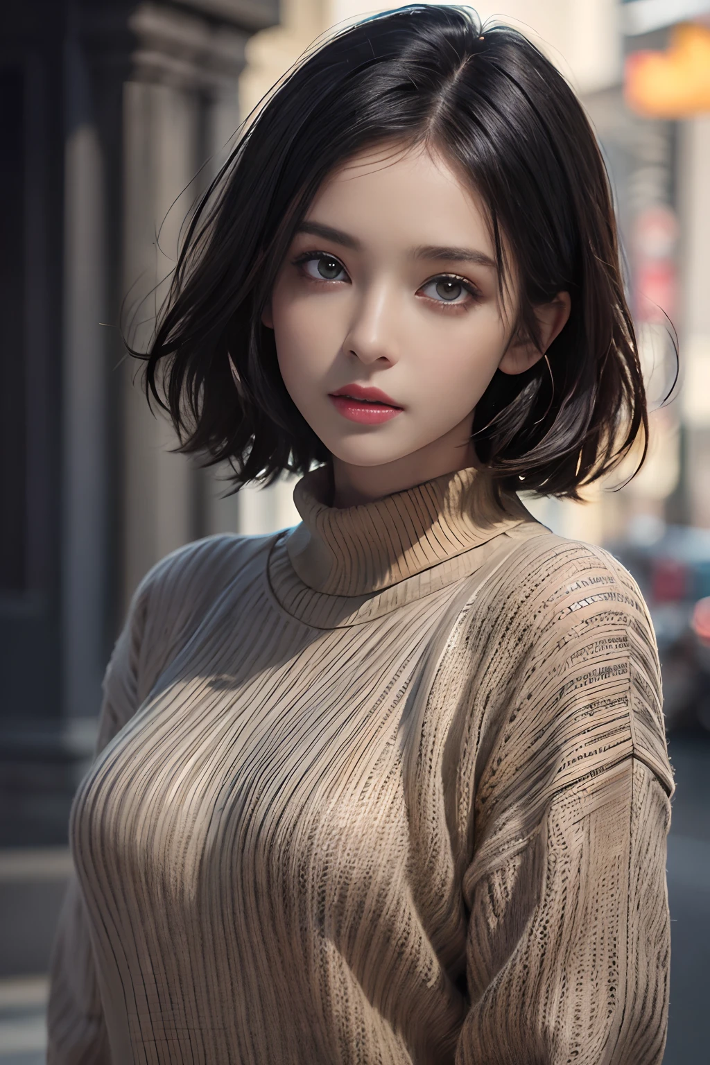 (masterpiece:1.3), (8k, photorealistic, RAW photo, best quality: 1.4), (1girl), beautiful face, (realistic face), (black hair, short hair:1.3), beautiful hairstyle, realistic eyes, beautiful detailed eyes, (realistic skin), beautiful skin, (sweater), absurdres, attractive, ultra high res, ultra realistic, highly detailed, golden ratio