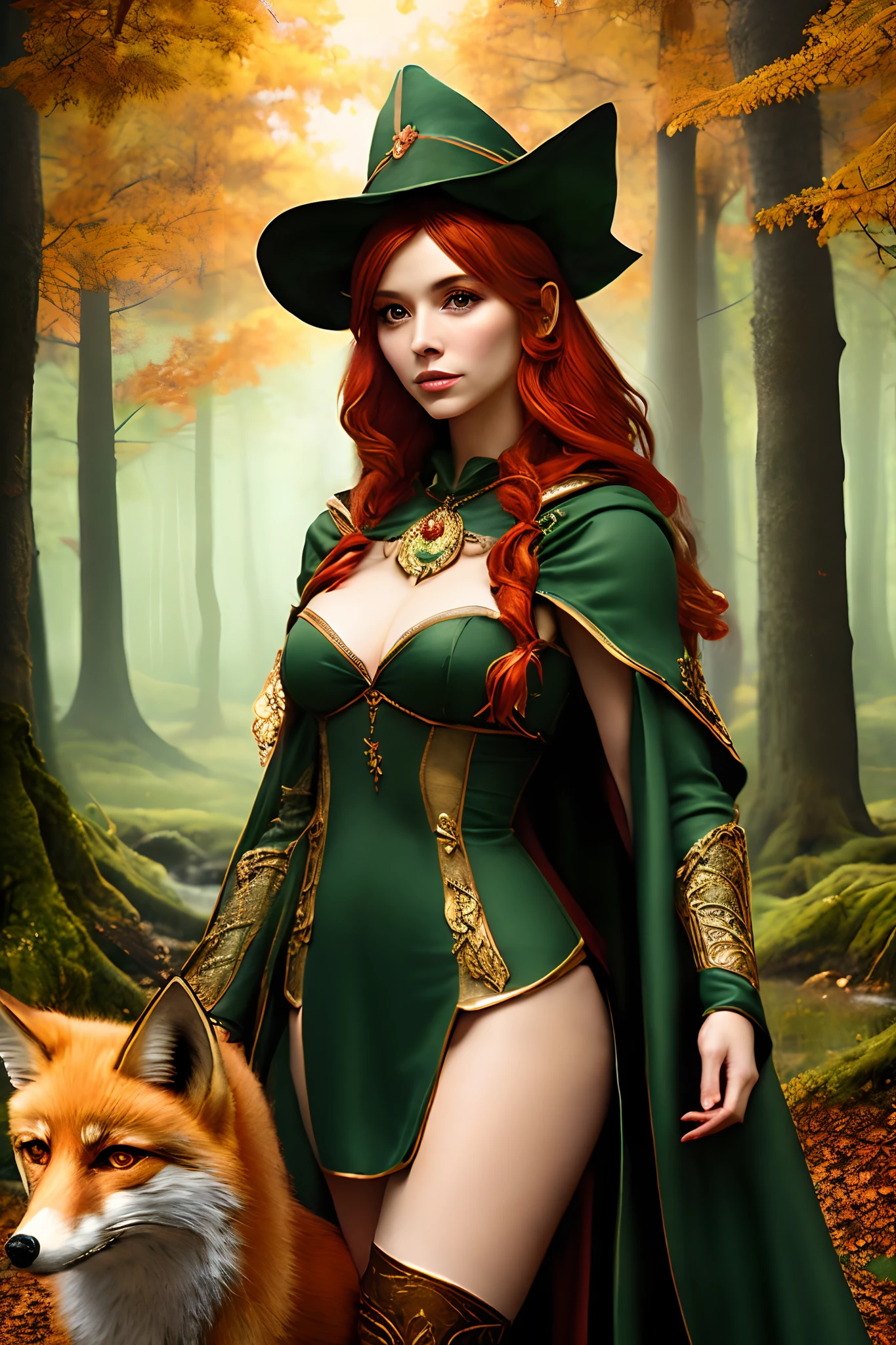 high details, best quality, 8k, [ultra detailed], masterpiece, best quality, (extremely detailed), dynamic angle, ultra wide shot, RAW, photorealistic, fantasy art, dnd art, rpg art, realistic art, a wide angle picture of a female fairie ranger and her pet fox, warrior of nature, fighter of nature, full body, [[anatomically correct]]. dynamic position (1.5 intricate details, Masterpiece, best quality) talking to a fox (1.6 intricate details, Masterpiece, best quality) in forest (1.5 intricate details, Masterpiece, best quality), a female wearing (medium length dark green dress) with thigh high green stockings and hooded cape (1.6 intricate details, Masterpiece, best quality), thick hair, long hair, red hair, fair skin intense (brown) eyes, small village background (intense details), a stream flowing in the backgraound (1.4 intricate details, Masterpiece, best quality), dawn light, clouds (1.4 intricate details, Masterpiece, best quality), dynamic angle, (1.4 intricate details, Masterpiece, best quality) 3D rendering, high details, best quality, highres, ultra wide angle, celtic fantasy, clover, poison ivy, fae, goddess of mischief, green magic, (wearing green tophat), pixie, fairy, celtic, celtic fantasy art, Celtic fantasy, beautiful fairie, beautiful fairy, very beautiful fantasy art, Autumn, beautiful autumn spirit, fall season, (Dark colored roses), perfect creation, perfect art, highly detailed, detailed art, masterpiece, perfect creation, perfect art, (outlined iris), (perfect eyes),