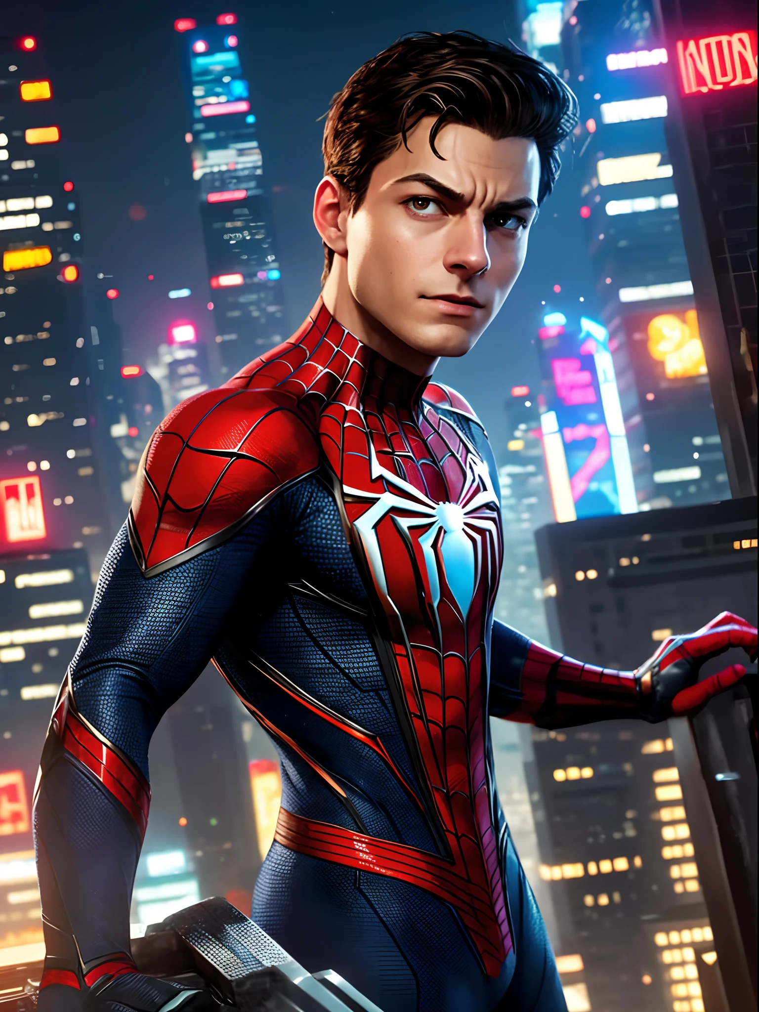 Spider - Man in a suit standing on a roof with a cyberpunk city in the background, Bustling with neon signs, Pedro Lucia, Homem-Aranha, aranha - homem, Retrato do Homem-Aranha, hq 4k papel de parede, Aranha altamente detalhada - Man, peter parker como homem-aranha, Estilo futurista Homem-Aranha, 8k render", medium close - up ( Mcu ), Spiderman, Trending in ArtStation 4K, cg arte