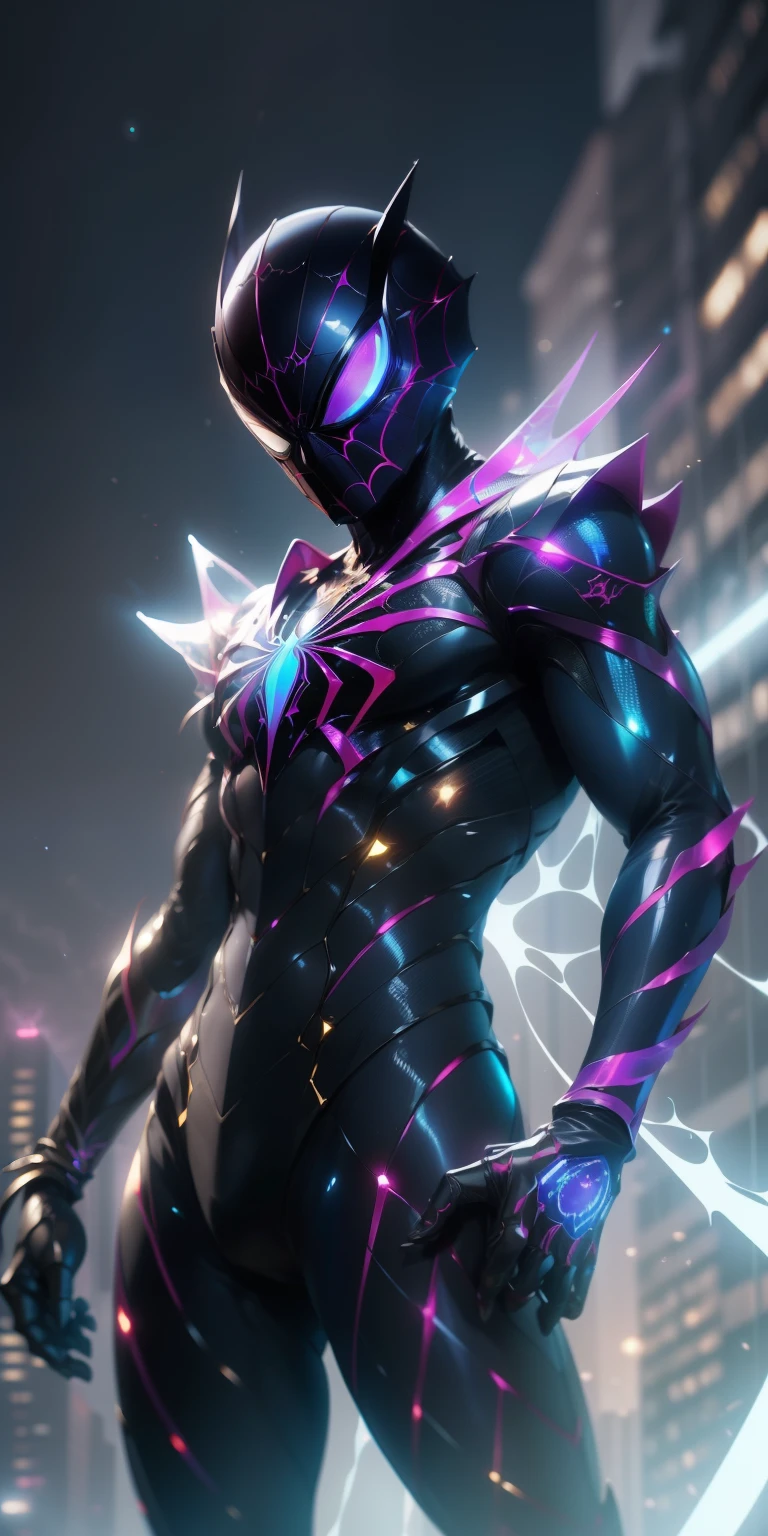 The Cosmic Arachnid sports an iridescent suit of alien tissues with a holographic spider on its chest. His mask features a HUD visor and luminous eyes, while their abilities employ filaments of cosmic energy instead of conventional cobwebs. This Spider-Man travels through dimensions to protect reality itself.. Agregar efecto al final, Epic Background