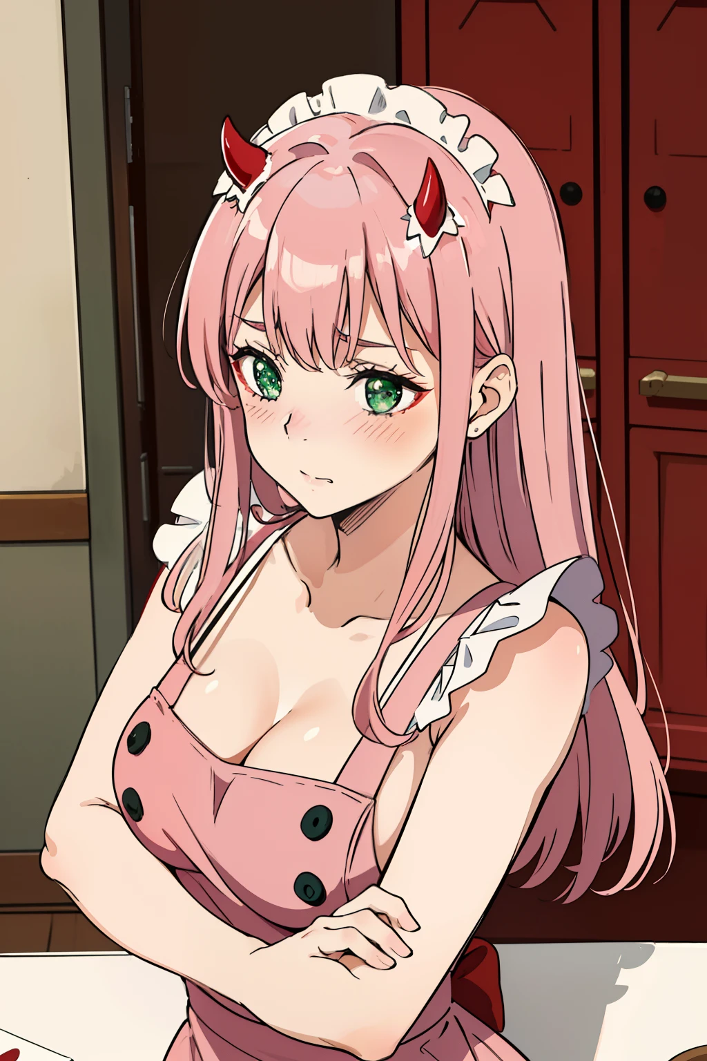 Very Little devil red horns, Mommy Masterpiece,red maid costume, long pink hair , green detailed sparkling eyes , embarrassed , blushing                                                                                          
  (Best quality:1.3),mini breasts, naked, apron, cleavage, (pov, close shot), standing, kitchen background, blushing:1.2.