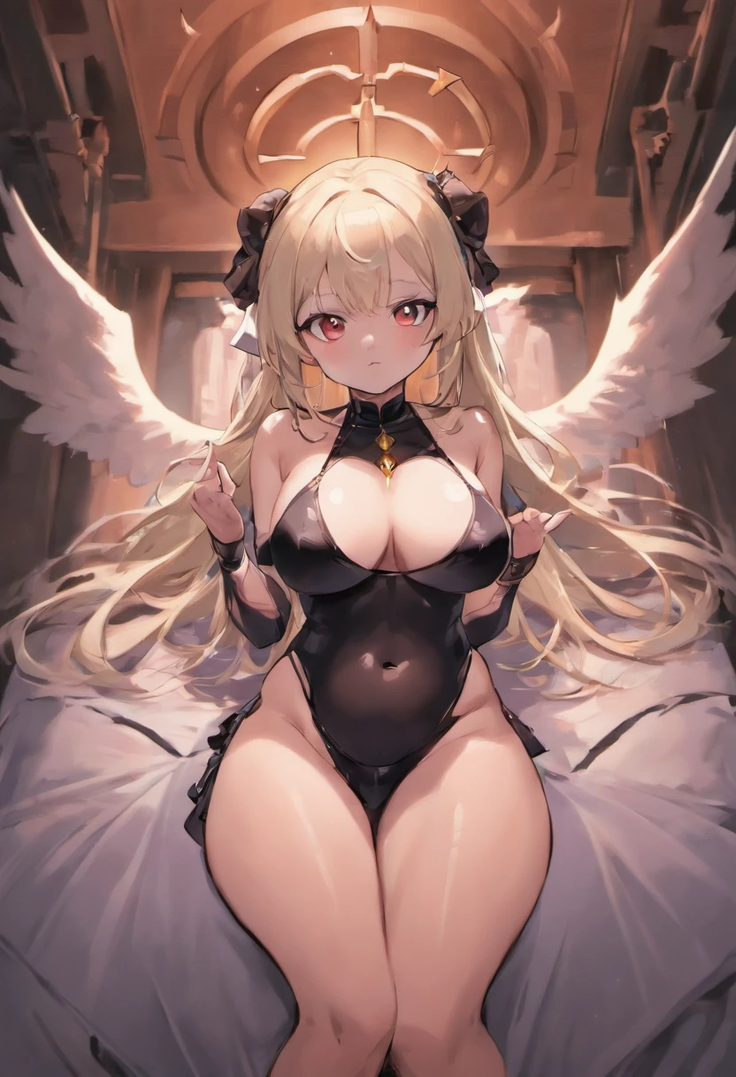 18+, 1 girl, in the bed, pretty face, full body, nun, white skin, white long hair, red eyes, ahegao face, black bat-shape wings, black horns, succubus tail, black choker, genitals, spread legs, succubus crotch tatoo, navel, expose pussy, expose nipples, praying, five fingers, normal hand, leg chain, semen in pussy, pregnant, torned black tights