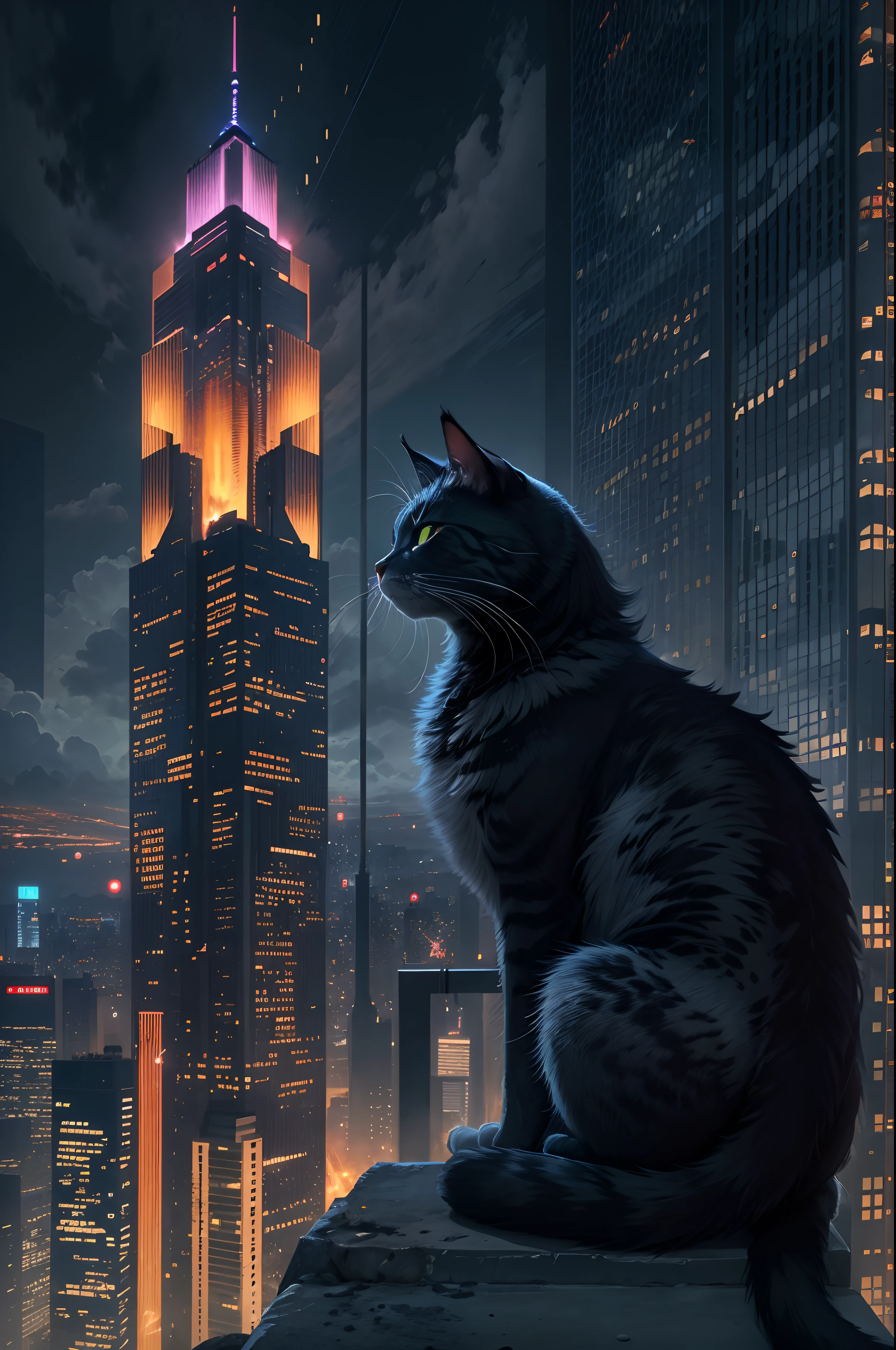 In the bustling city,
BREAK
a cat sits majestically on a skyscraper. It surveys its domain with the air of a conqueror. Its eyes glow with an inner fire, piercing the veil of the night. Its fur, black as the night sky, shimmers under the city lights. The cat is the undisputed ruler of this urban jungle.