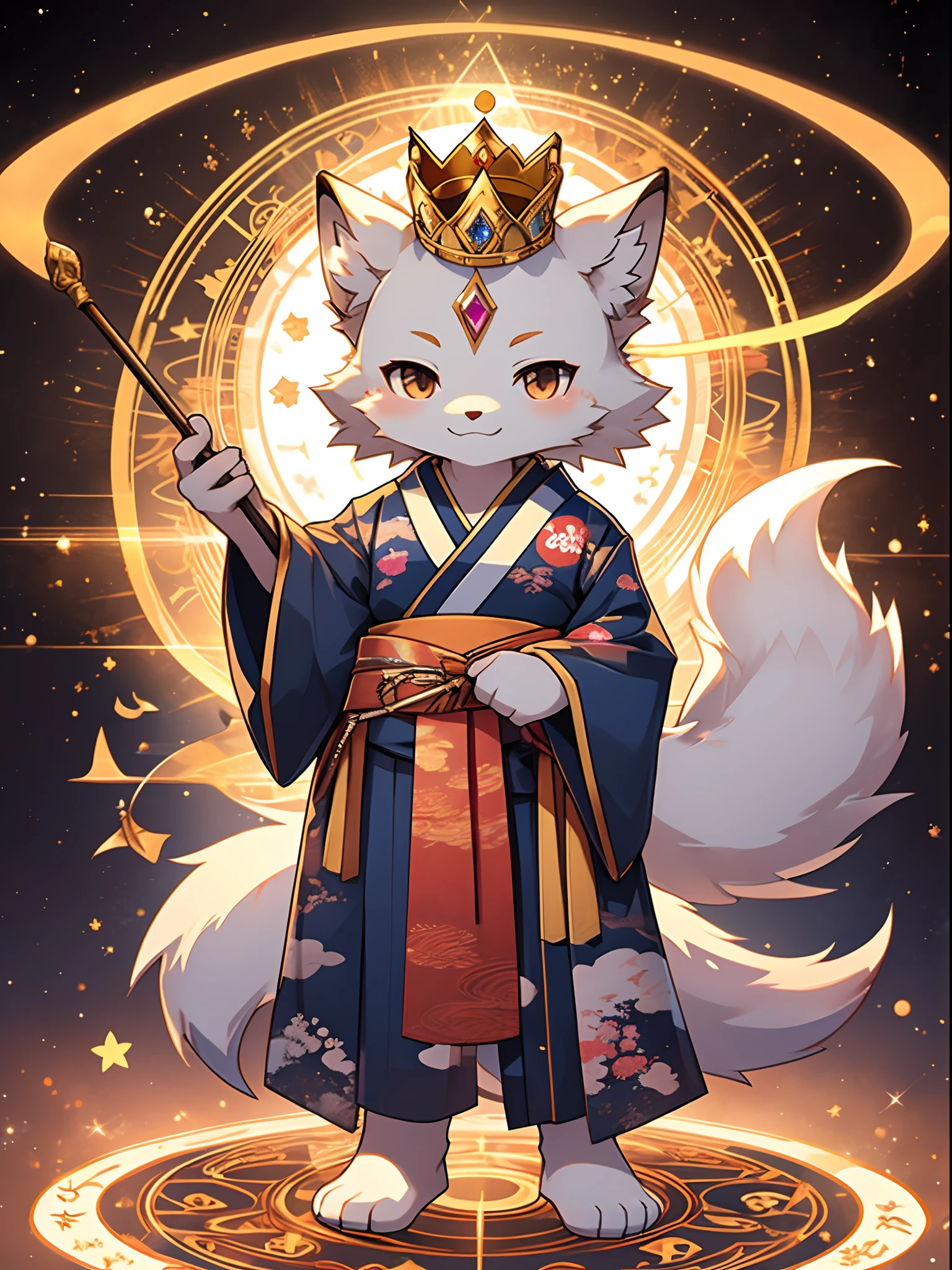 top-quality, ​masterpiece, High-density illustration, Full Body Display, (goddess of Japan:1.1, The Great God of Creation), Kitsune Chibi Character, cute  face, A smile, (Looking at the camera from the front, Beautiful contrast of colors), Luxurious costume with Japan kimono motif, Wearing a crown of treasure on your head、Holding a cane in your hand, ((Ring of light on background)), The twinkling stars of Earth and space々, Magic circle of gems under your feet