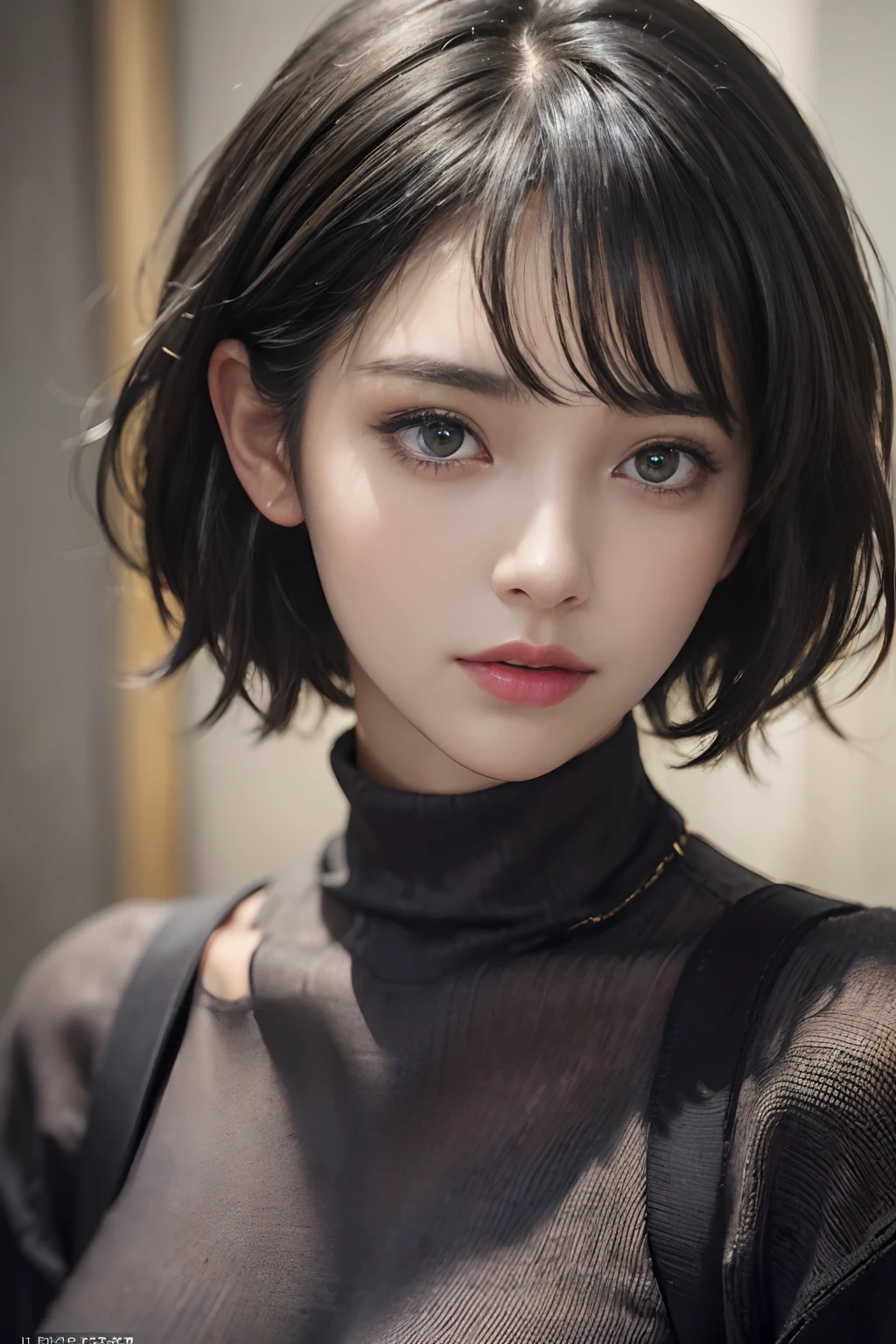 (masterpiece:1.3), (8k, photorealistic, RAW photo, best quality: 1.4), (1girl), beautiful face, (realistic face), (black hair, short hair:1.3), beautiful hairstyle, realistic eyes, beautiful detailed eyes, (realistic skin), beautiful skin, (sweater), absurdres, attractive, ultra high res, ultra realistic, highly detailed, golden ratio