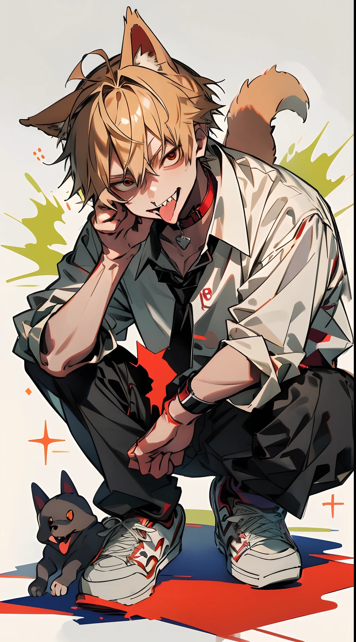 (masterpiece, best quality:1.2), (hyperdetailed face), (Super well-formed face), full body, solo, tachie, male focus, 1boy, squat, sticking out tongue, long tongue, big smile, sharp teeth, blonde hair, red eyes, paw pose, white office shirt, black necktie, black trousers, white sneakers, red collar, dog ears, dog tail