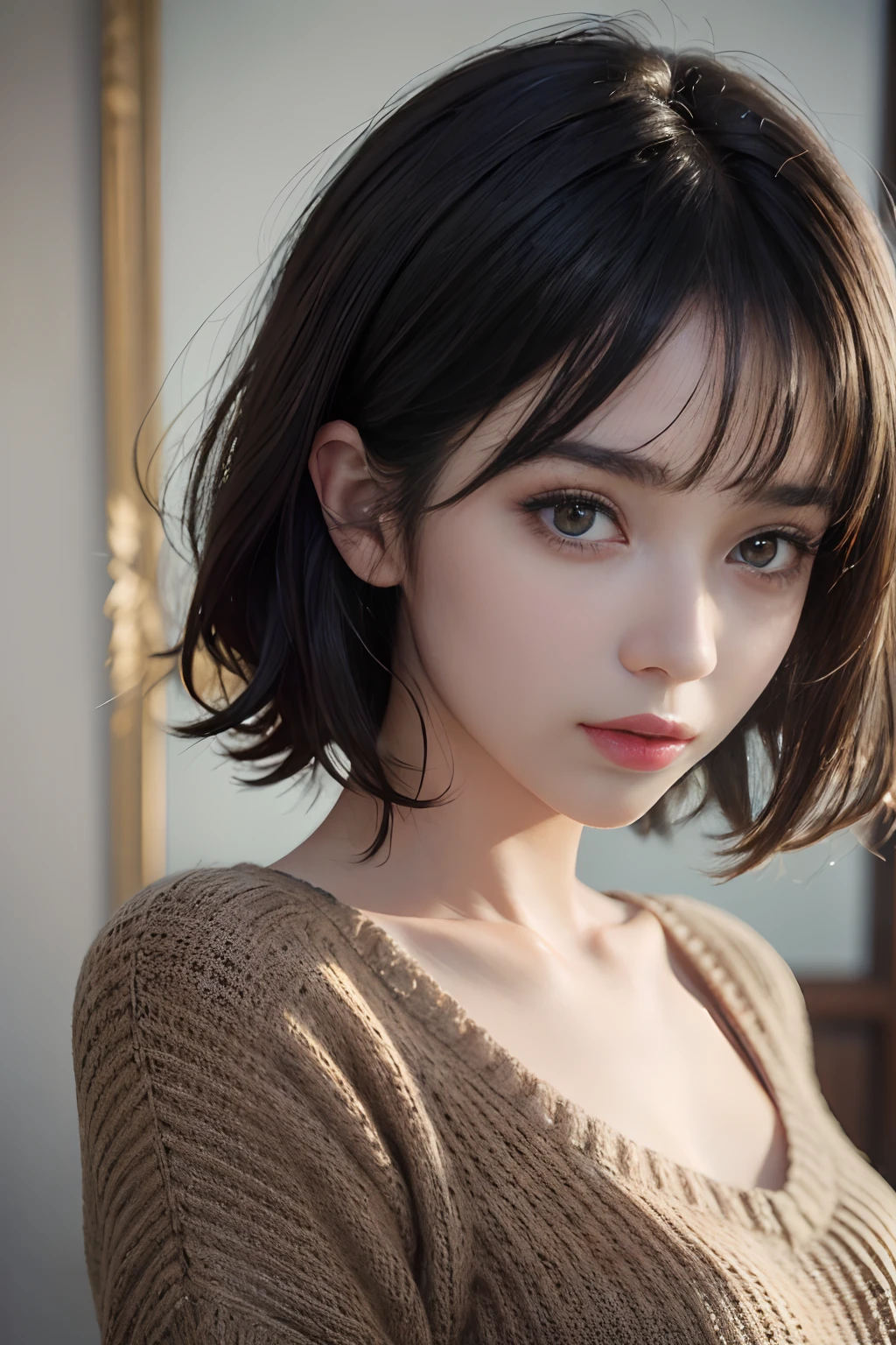 (masterpiece:1.3), (8k, photorealistic, RAW photo, best quality: 1.4), (1girl), beautiful face, (realistic face), (black hair, short hair:1.3), beautiful hairstyle, realistic eyes, beautiful detailed eyes, (realistic skin), beautiful skin, (sweater), absurdres, attractive, ultra high res, ultra realistic, highly detailed, golden ratio