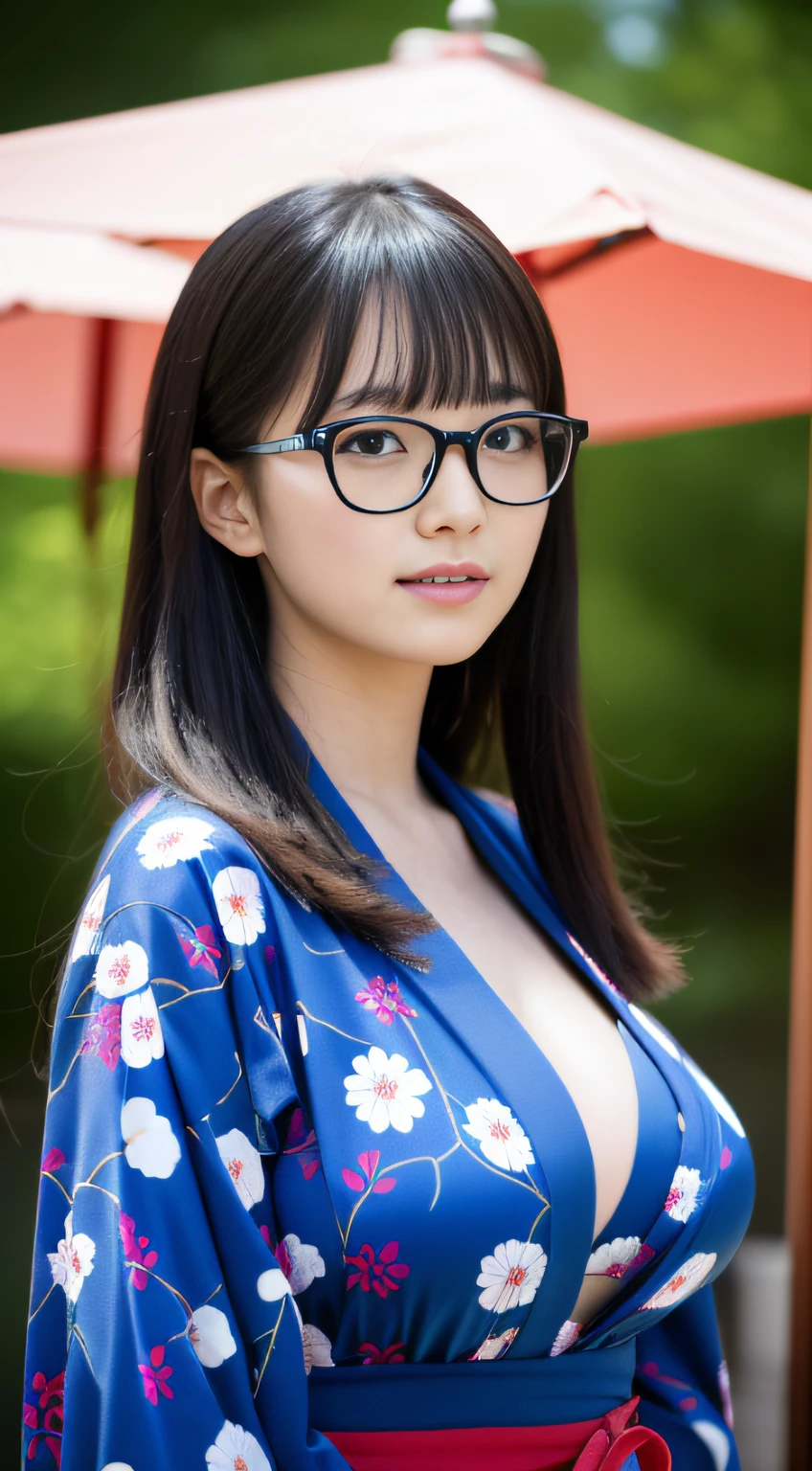 ((japanaese girl)), 8K, Raw photo, Best Quality, ultra-detailliert, Ultra High Resolution, Realistic, photographrealistic, high-definition RAW color photography, professional photograpy, Extremely detailed, 8K Wallpaper, amazing, finely detail, Huge file size, extra detailed face, extremely detailed eye, highlydetailed skin, extremely detailed fingers, highly detailed nose, highly detail mouth, Perfect Anatomy, Highly detailed background, Realistic body, Good figure, blown hair, (Medium Hair), Cute face, Photography, (Happy smile), Perfect Skin, Perfect Anatomy, Large breasts, (Round glasses), (yukata), (Mole), ((japan atami)), high-angle shot, swept bangs, Full body shot,