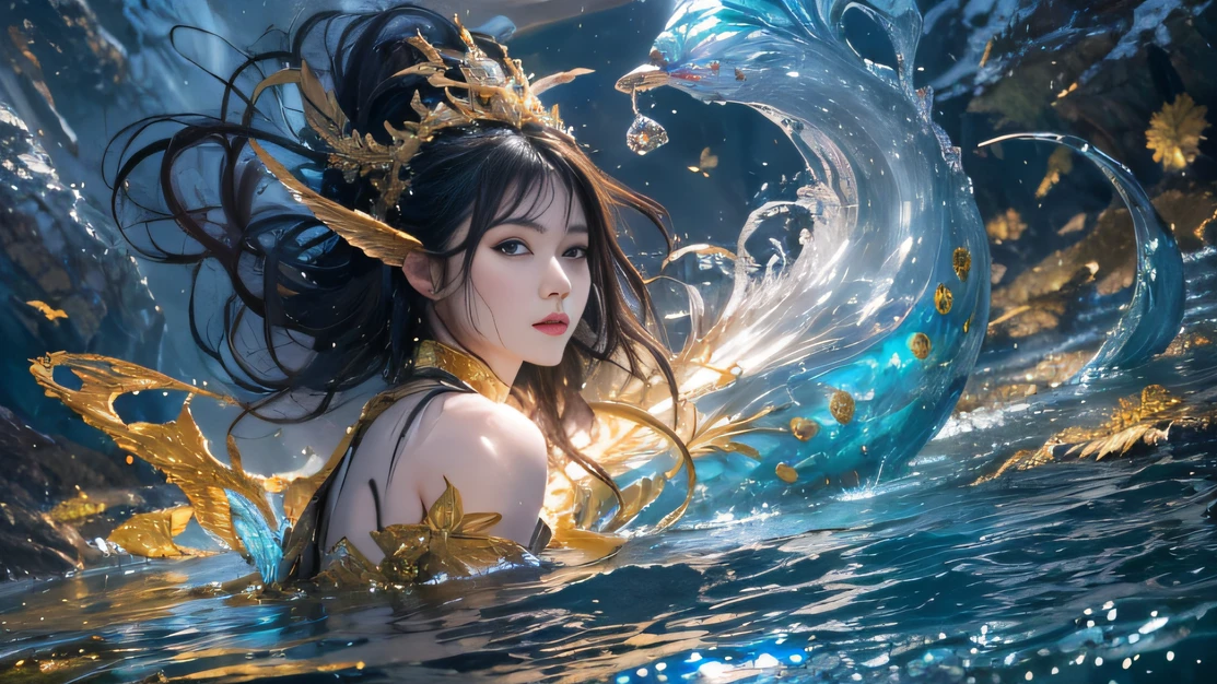 The girl with yellow eyes, stern look, in a long blue evening dress with sequins, Chinese, around her, drops of water in the shape of fish