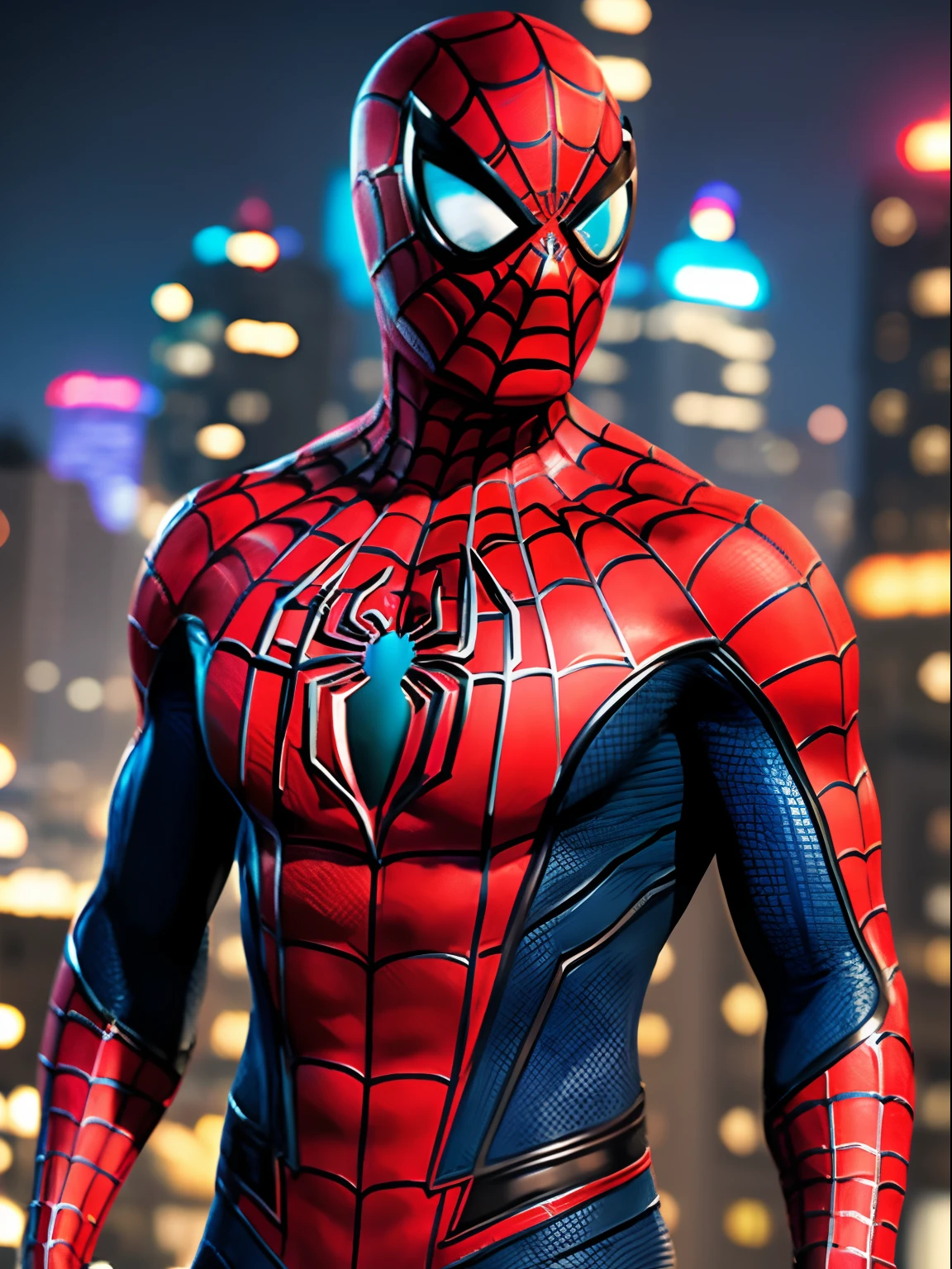 Spider - Man in a suit standing on a roof with a cyberpunk city in the background, Bustling with neon signs, Pedro Lucia, Homem-Aranha, aranha - homem, Retrato do Homem-Aranha, hq 4k papel de parede, Aranha altamente detalhada - Man, peter parker como homem-aranha, Estilo futurista Homem-Aranha, 8k render", medium close - up ( Mcu ), Spiderman, Trending in ArtStation 4K, cg arte