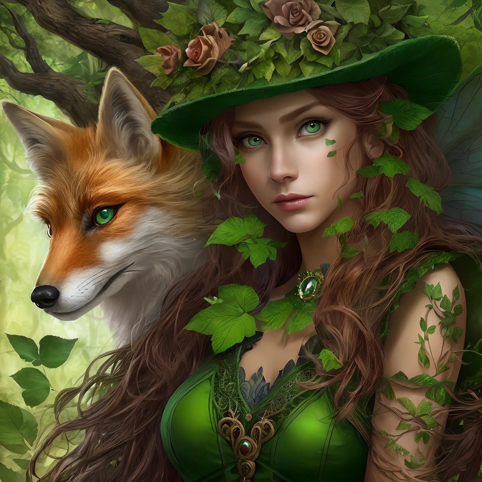 high details, best quality, 8k, [ultra detailed], masterpiece, best quality, (extremely detailed), dynamic angle, ultra wide shot, RAW, photorealistic, fantasy art, dnd art, rpg art, realistic art, a wide angle picture of a female  fairie ranger and her pet fox, warrior of nature, fighter of nature, full body, [[anatomically correct]]. dynamic position (1.5 intricate details, Masterpiece, best quality) talking to a fox (1.6 intricate details, Masterpiece, best quality) in forest (1.5 intricate details, Masterpiece, best quality), a female  wearing (medium length dark green dress) with thigh high green stockings and hat (1.4 intricate details, Masterpiece, best quality), thick hair, long hair, red hair, fair skin intense (brown) eyes, forest  background (intense details), a stream flowing in the backgraound (1.4 intricate details, Masterpiece, best quality), dawn light, clouds (1.4 intricate details, Masterpiece, best quality), dynamic angle, (1.4 intricate details, Masterpiece, best quality) 3D rendering, high details, best quality, highres, ultra wide angle, celtic fantasy, clover, poison ivy, fae, goddess of mischief, green magic, (wearing green tophat), pixie, fairy, celtic, celtic fantasy art, celtic fantasy, beautiful fairie, beautiful fairy, very beautiful fantasy art, Autumn, beautiful autumn spirit, fall season, Dark colored roses, perfect creation, perfect art, highly detailed, detailed art, masterpiece, perfect creation, perfect art, (outlined iris), (perfect eyes),