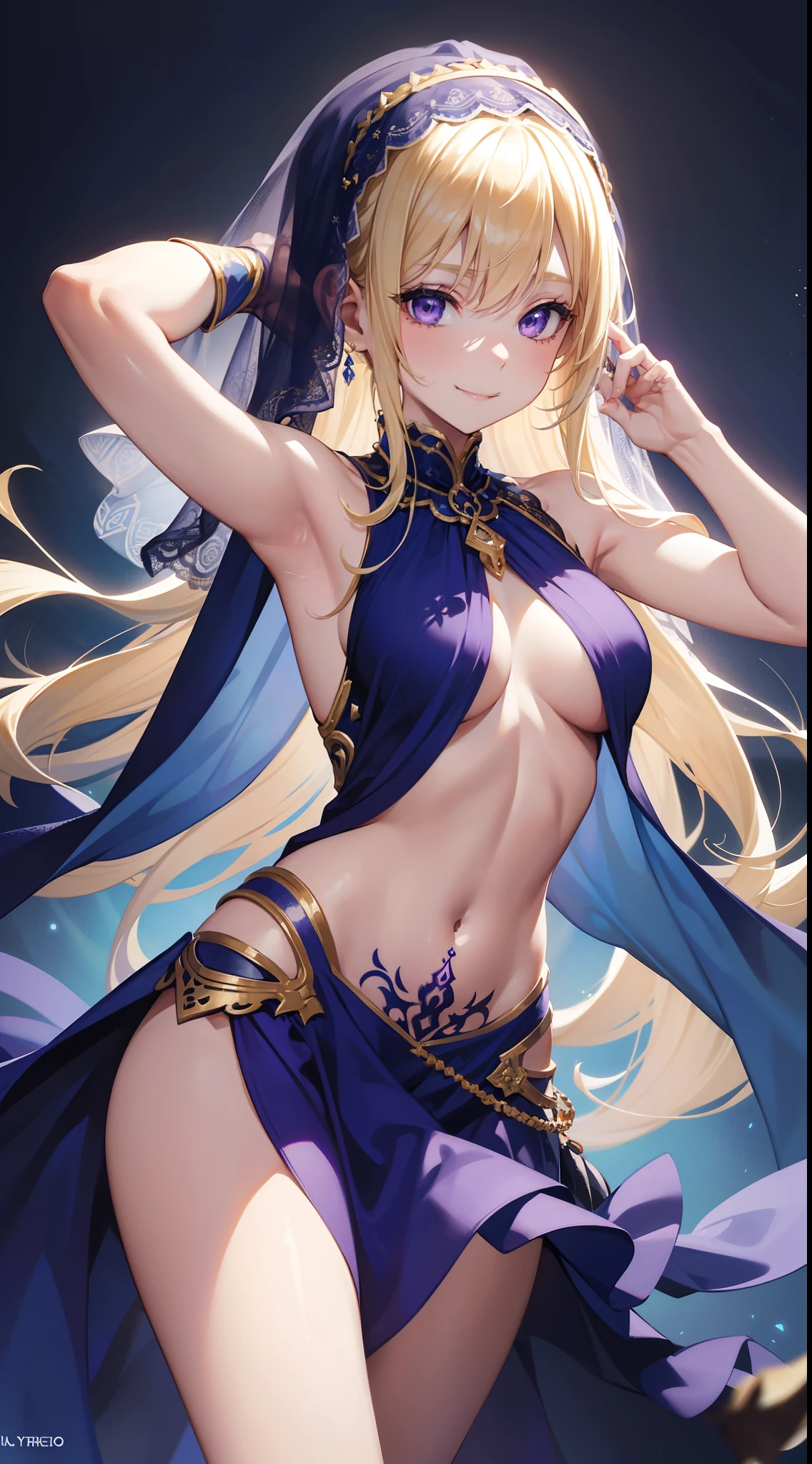 young girl, longue blonde hair, violet eyes, Blue dancer's dress, open breasts, open belly, Sleeveless, tattoo, hands behind head, Smile, A veil covers the face, Masterpiece, hiquality, 4k, HD, Good detail