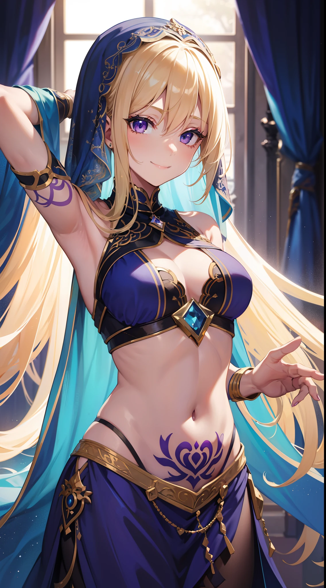 young girl, longue blonde hair, violet eyes, Blue dancer's dress, open breasts, open belly, Sleeveless, tattoo, hands behind head, Smile, A veil covers the face, Masterpiece, hiquality, 4k, HD, Good detail