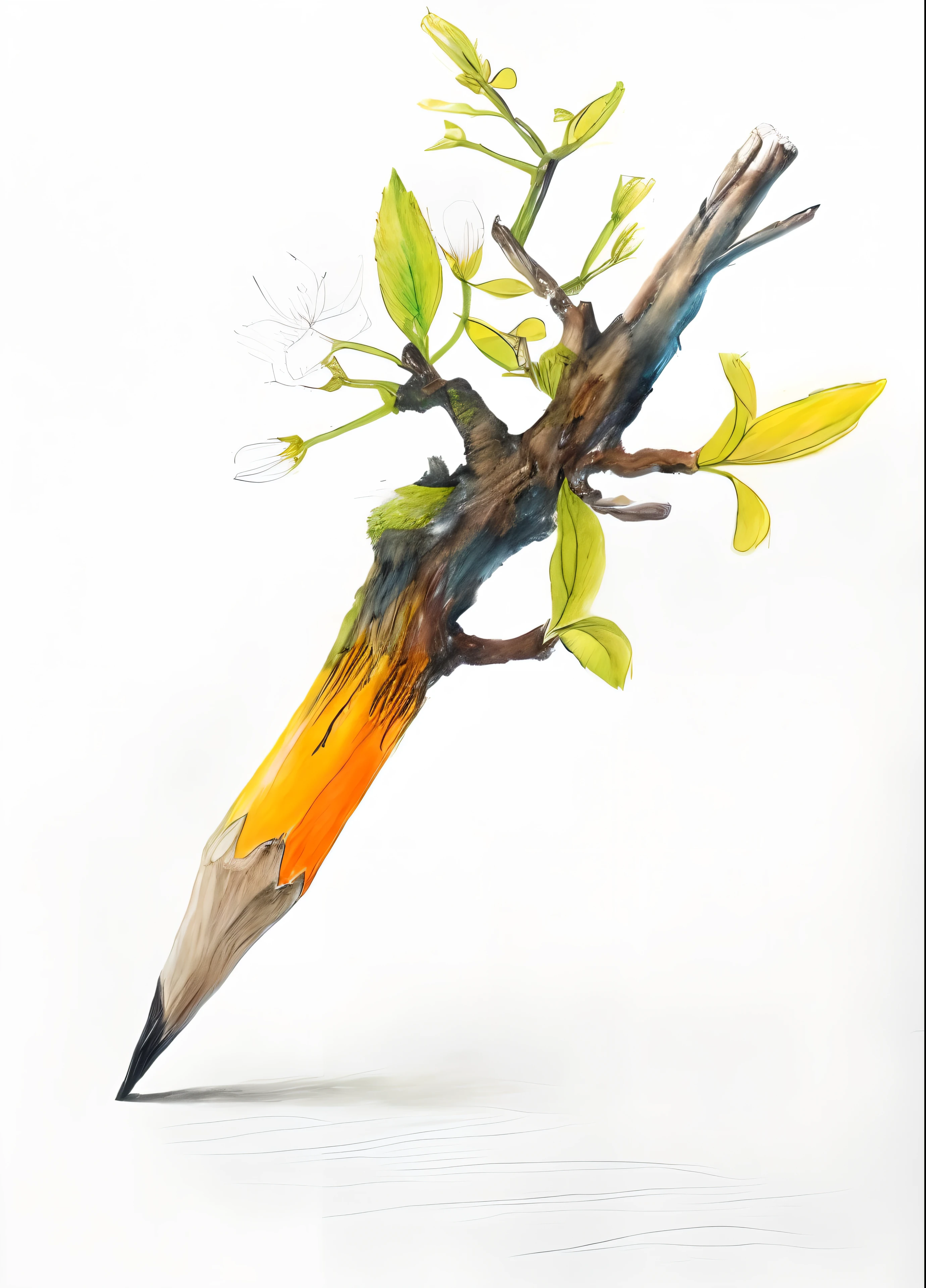 Pencil drawing of a tree branch with a plant branch, Colored pencil illustration, Pencil and watercolor, Wild pencil style, artistic illustration, Pencil art, Color pencil art, inspired by Matthias Grünewald, Colored pencil art, Pencil and watercolor, colored pencil art on paper, Pencil illustration, A colored pencil sketch, Pintura a pluma, drawing on pencil, colored pencil